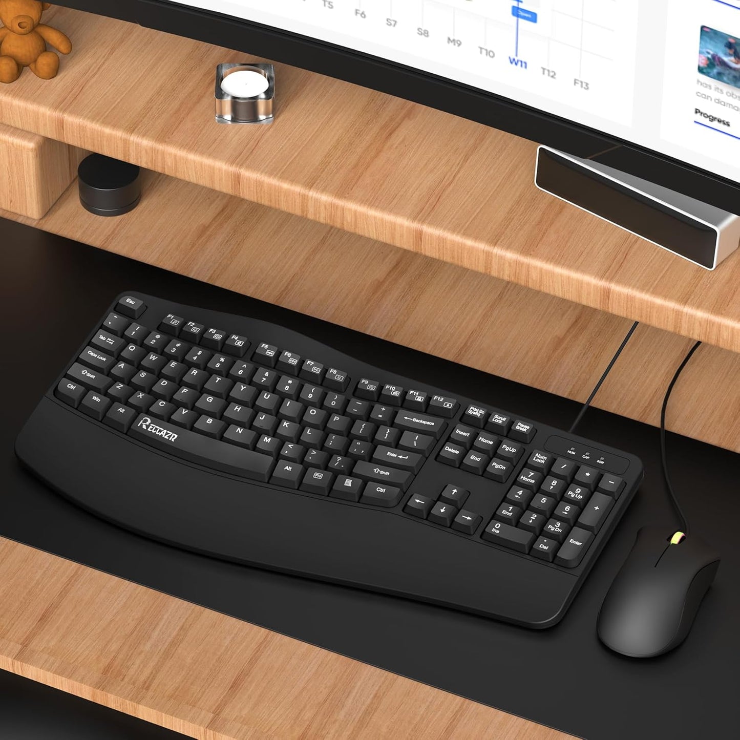 RECCAZR Ergonomic Keyboard, Wired Computer USB Keyboard with Wrist Rest, Spill-Resistant, Wave Keys for Natural Typing