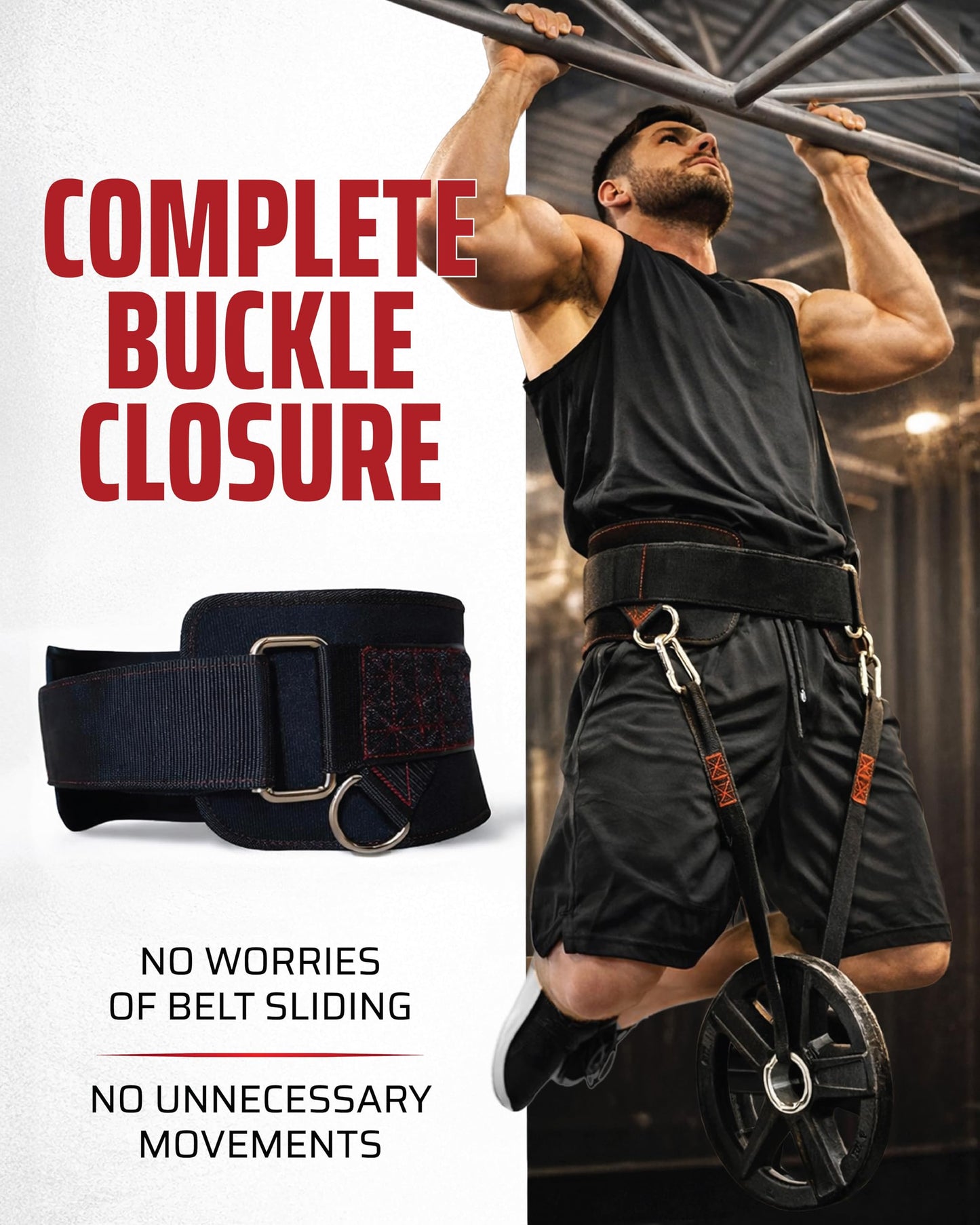 THEFITGUY Dip Belt with Strap – No Slip Secure Closure | 250lb Heavy Duty | Belt Squat Attachment, Weighted Dips, Pull Ups | Structured Back Support | 45-Degree Angle Rings, 2 Snap Hooks Included