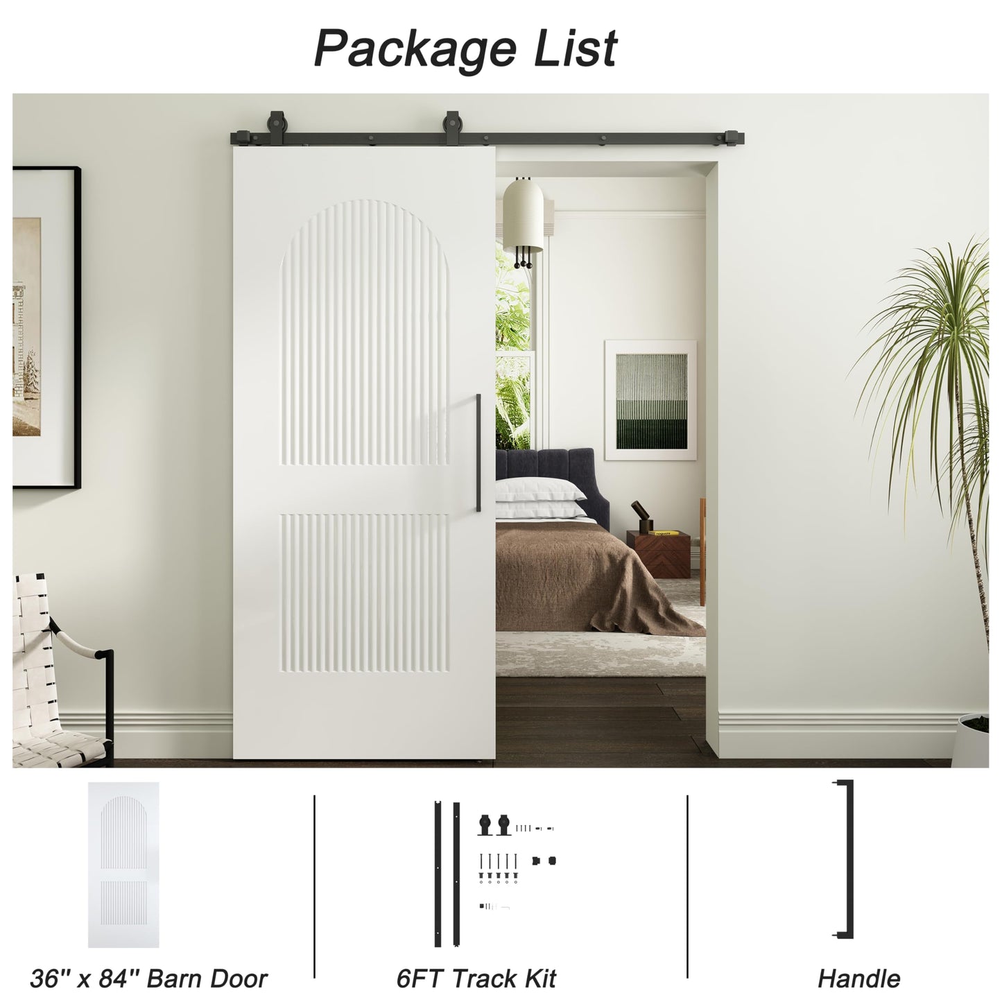 BarnSmith 36''x84'' Sliding Barn Door, 2 Panel with Reeded Arc White Primed Sliding Closet Door with 6FT Hardware Kit, Hollow Core Interior Door, Preassembled Panels, Durable & Sturdy