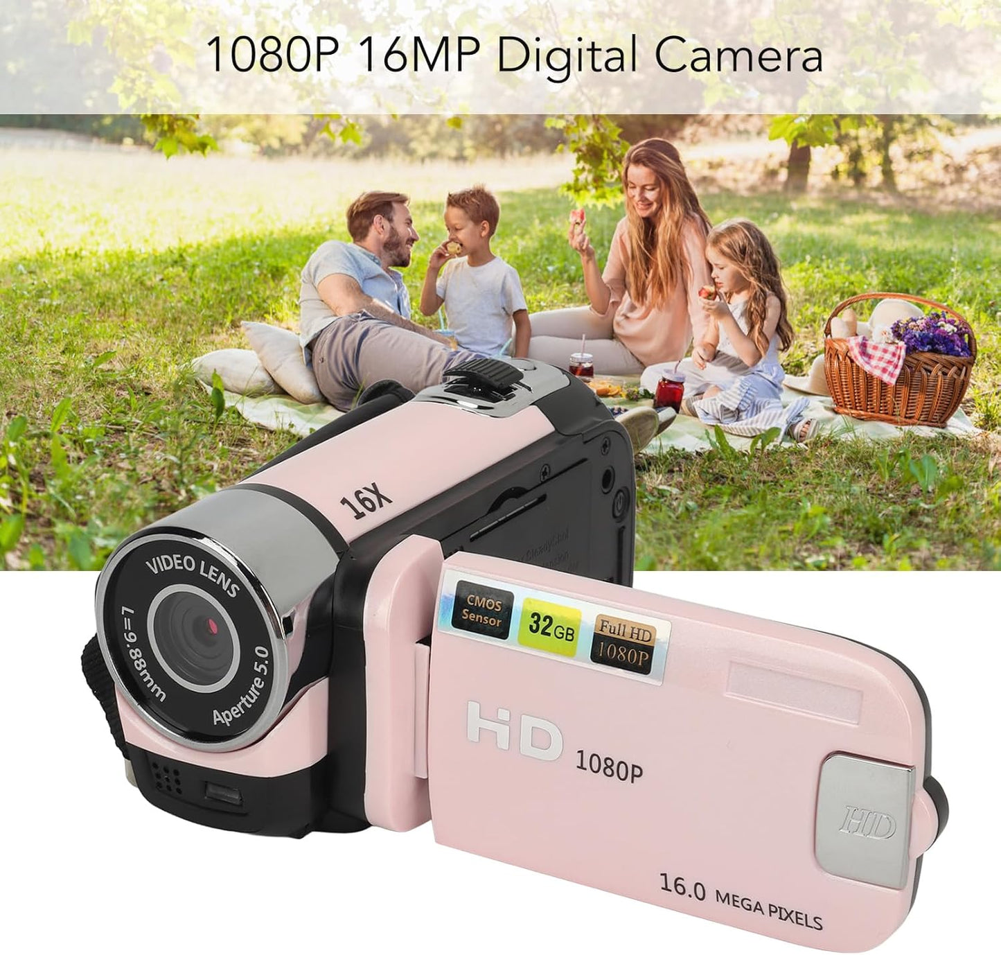 Focket 1080P 16MP 2.4in 16X 1020mAh 32GB Digital Camera, FHD Vlogging Camera with Flip Screen, Digital Zoom, Flash