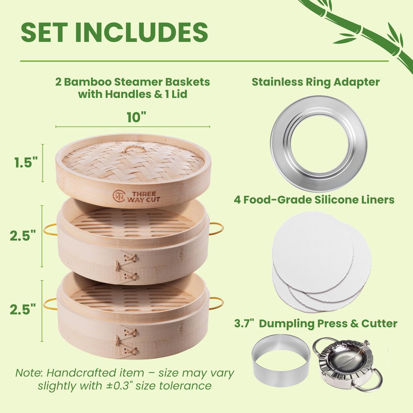 Bamboo Steamer 10 Inch 2 Tier Wooden Basket With Handle, Ring Adapter, Reusable Silicone Liner, Adapter, Molder Press For Cooking Vegetables Dumpling Press & Dough Cutter for Steaming Chinese Asian Food & Bao Bun, Dim Sum Potsticker
