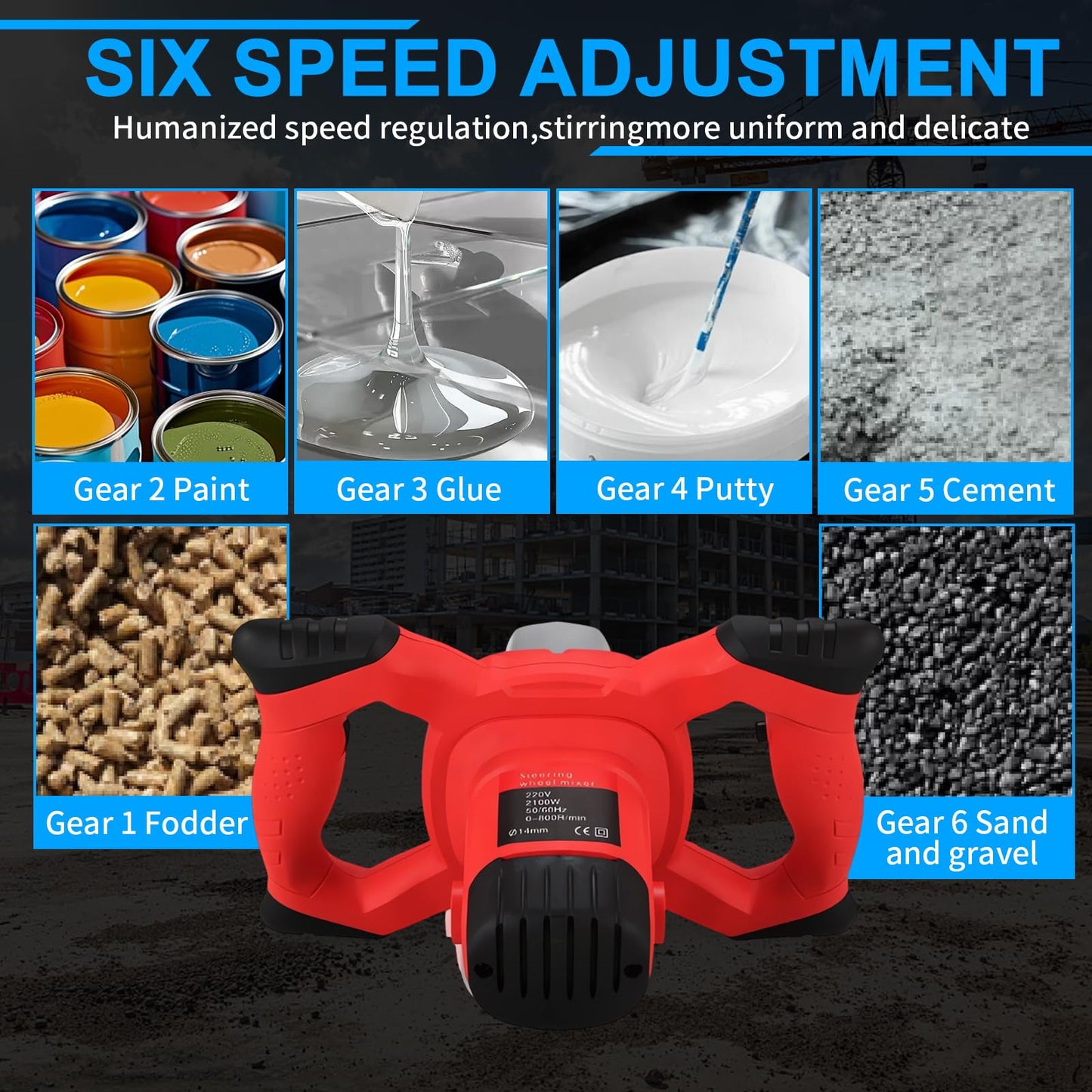 Cement Mixer 2300W Handheld Electric, Double-Paddle Concrete Mud Mixer, 6 Speed Adjustable Portable Double Auger Mixer for Mortar Paint Fodder Resin