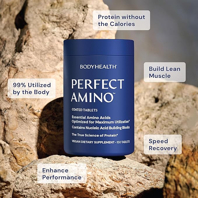 BodyHealth PerfectAmino Easy to Swallow Tablets, Essential Amino Acids Supplement with BCAAs, Vegan Protein for Pre/Post Workout & Muscle Recovery with Lysine, Tryptophan, Leucine (36 Servings)