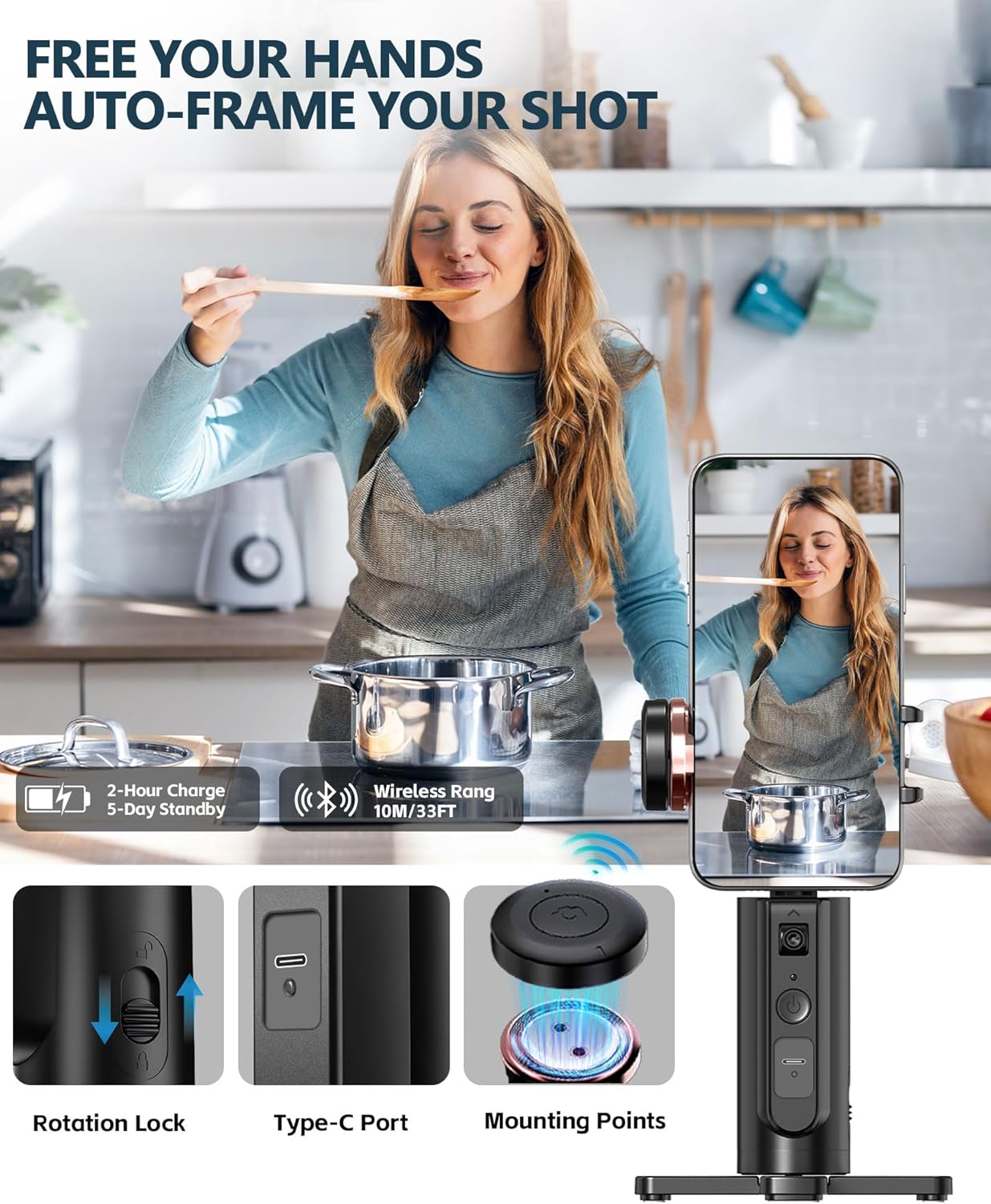 360 1/4-Inch Auto-Tracking Phone Tripod, Rotation Auto Face Tracking Tripod with Gesture & Remote Control, Cell Phone