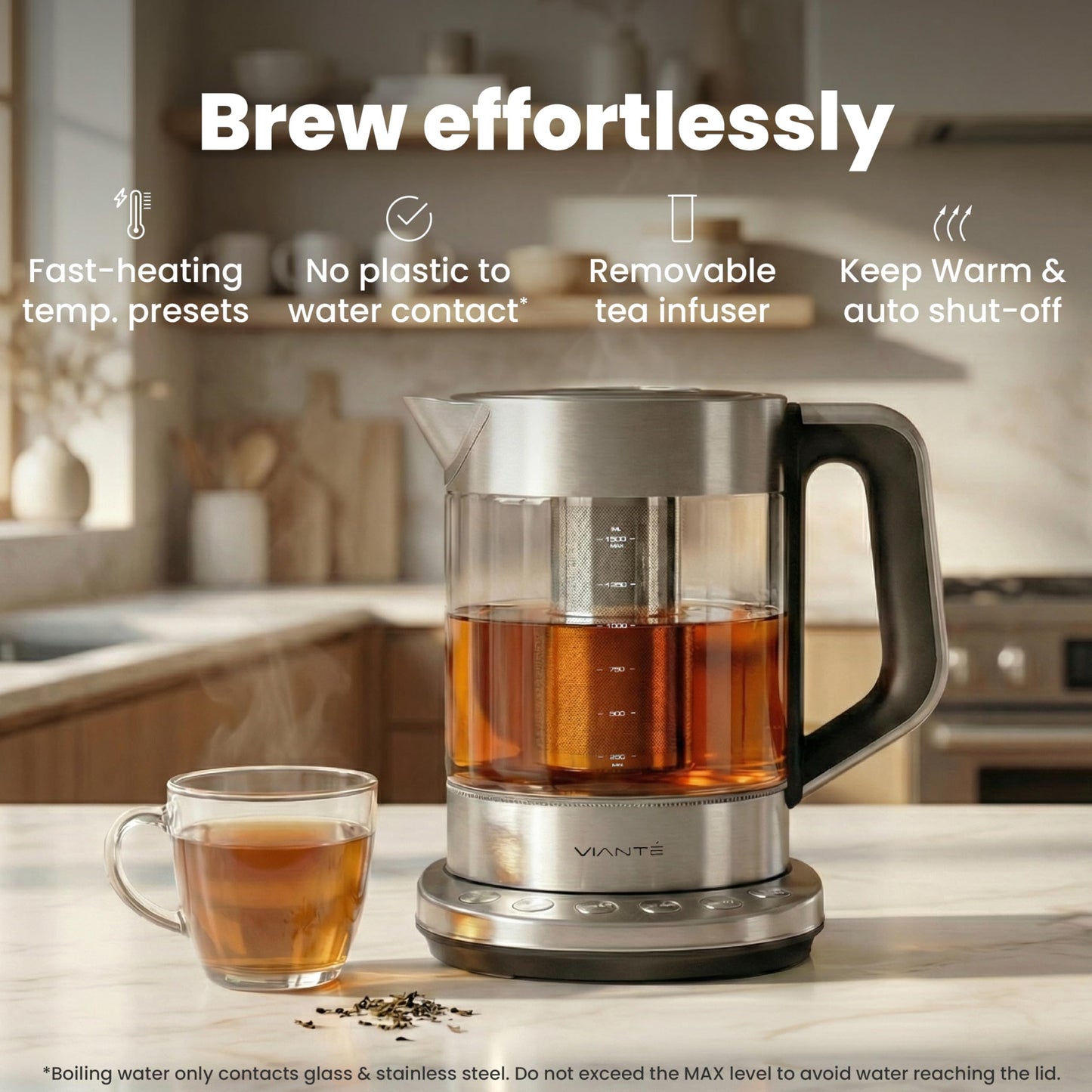 Viante Alba Electric Tea Kettle with Infuser, No Plastic In Contact With Water, 1.5L Borosilicate Glass, 304 Stainless Steel, 4 Temperature Presets, Keep Warm, Cordless, Auto Shut-Off