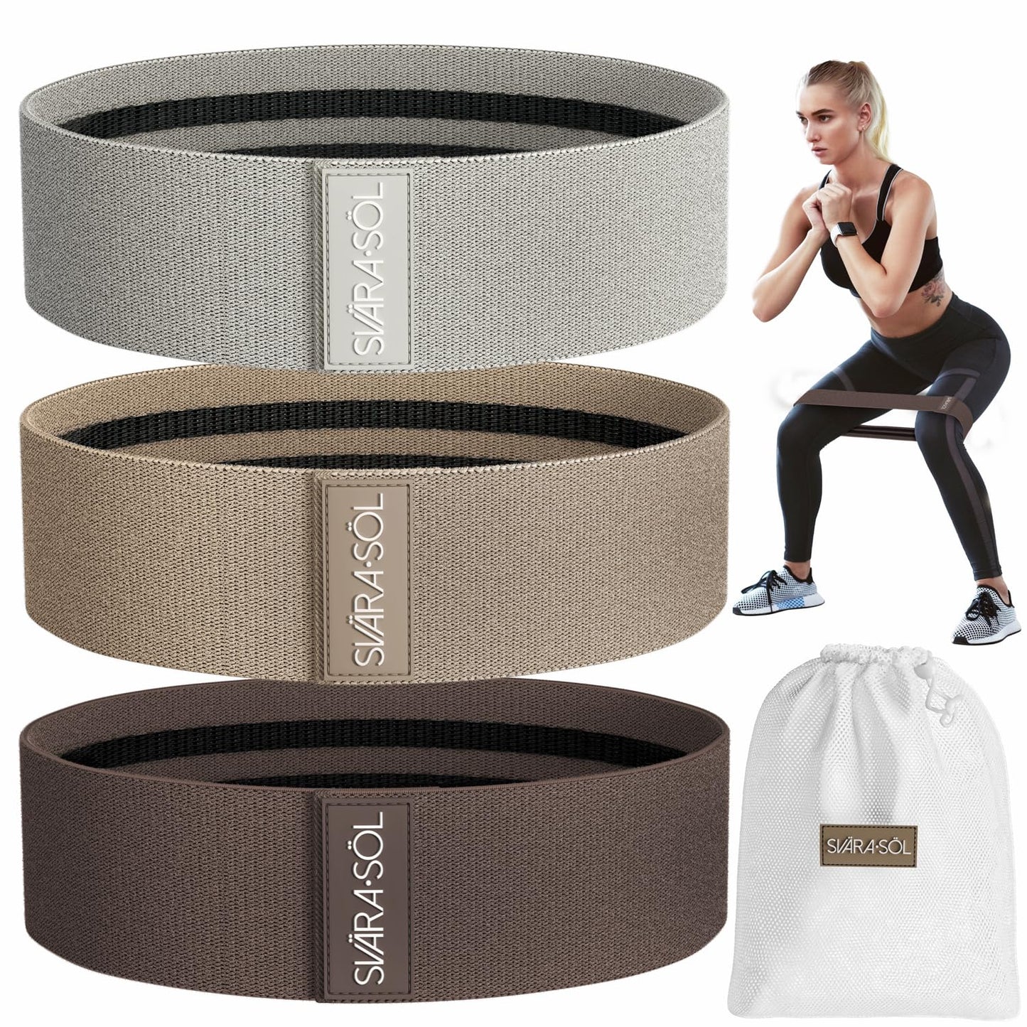 Svära Söl Fabric Resistance Bands Set of 3 for Legs, Glutes, Arms, Booty Bands for Women and Men, Resistance Bands for Working Out, Physical Therapy, Strength Training, Elastic Bands for Exercise