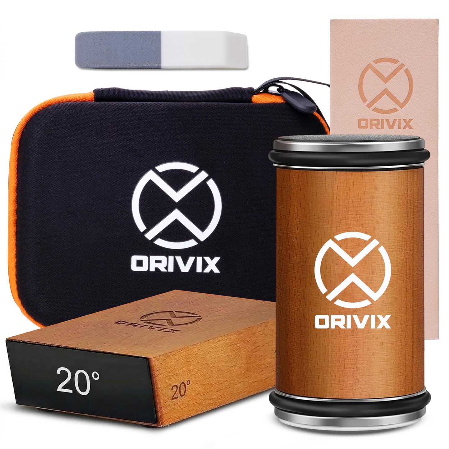 Orivix Rolling Knife Sharpener Kit – Magnetic 2-Angle Base, 3.86 Inches Longer Wooden Roller, 2 Grit Discs (600 Diamond & 3000 Ceramic), Leather Strop & Cleaning Eraser