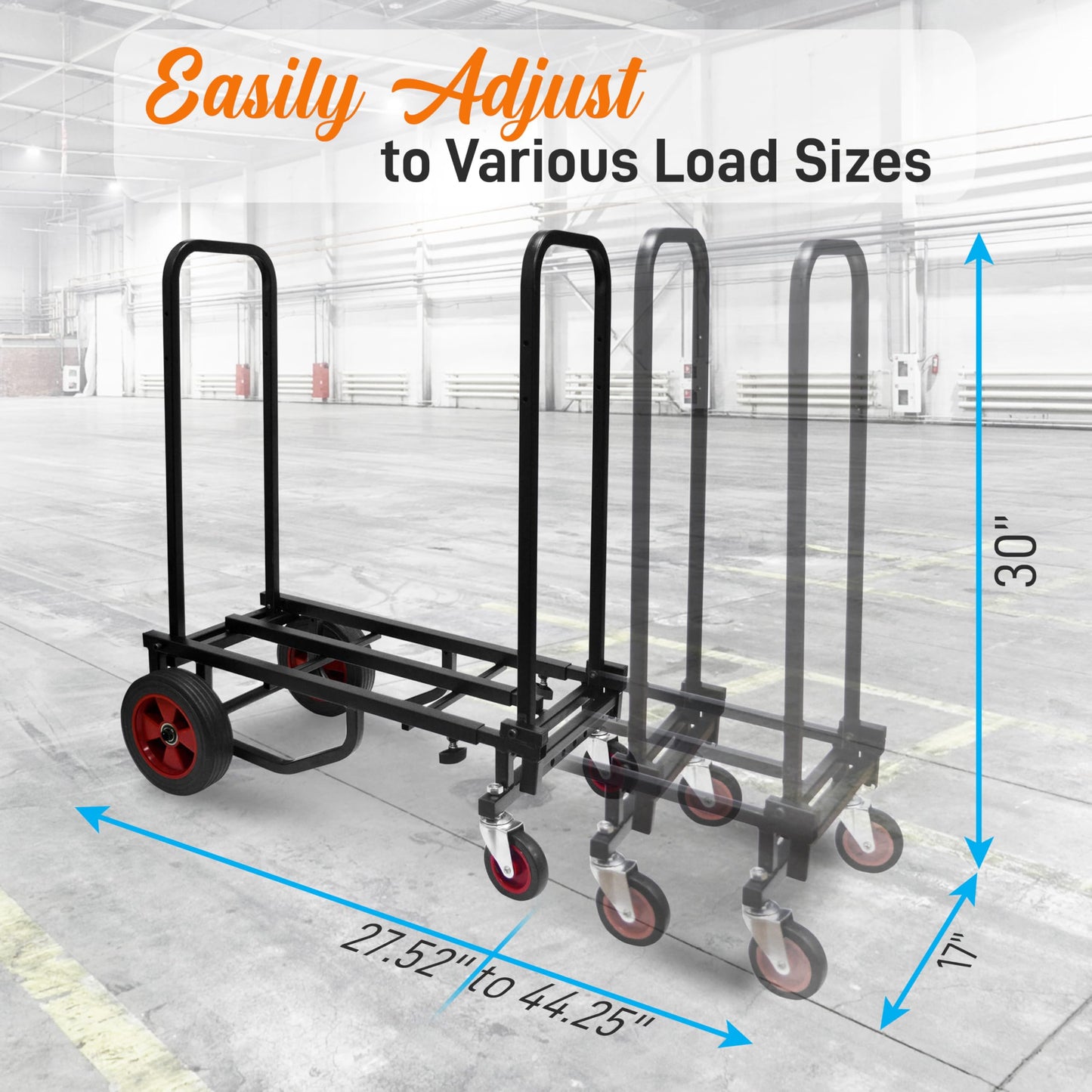 Pyle Compact Folding Adjustable Equipment Dolly - Heavy Duty 8-in-1 Convertible Cart Hand Truck/Dolly/Platform Cart with R-Trac Wheels - Expandable Up to 27.52'' to 44.25'' - 300 LBS MAX LOAD CAPACITY