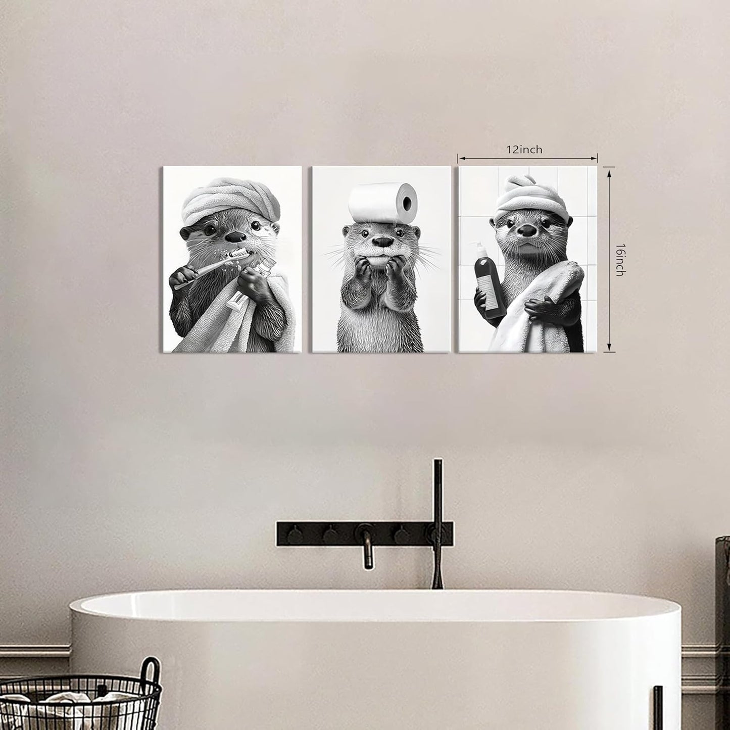 Otter Canvas Wall Art Set by Cute Bathroom | Funny Black and White Decor for Restroom | Ready to Hang 12x16 Inch