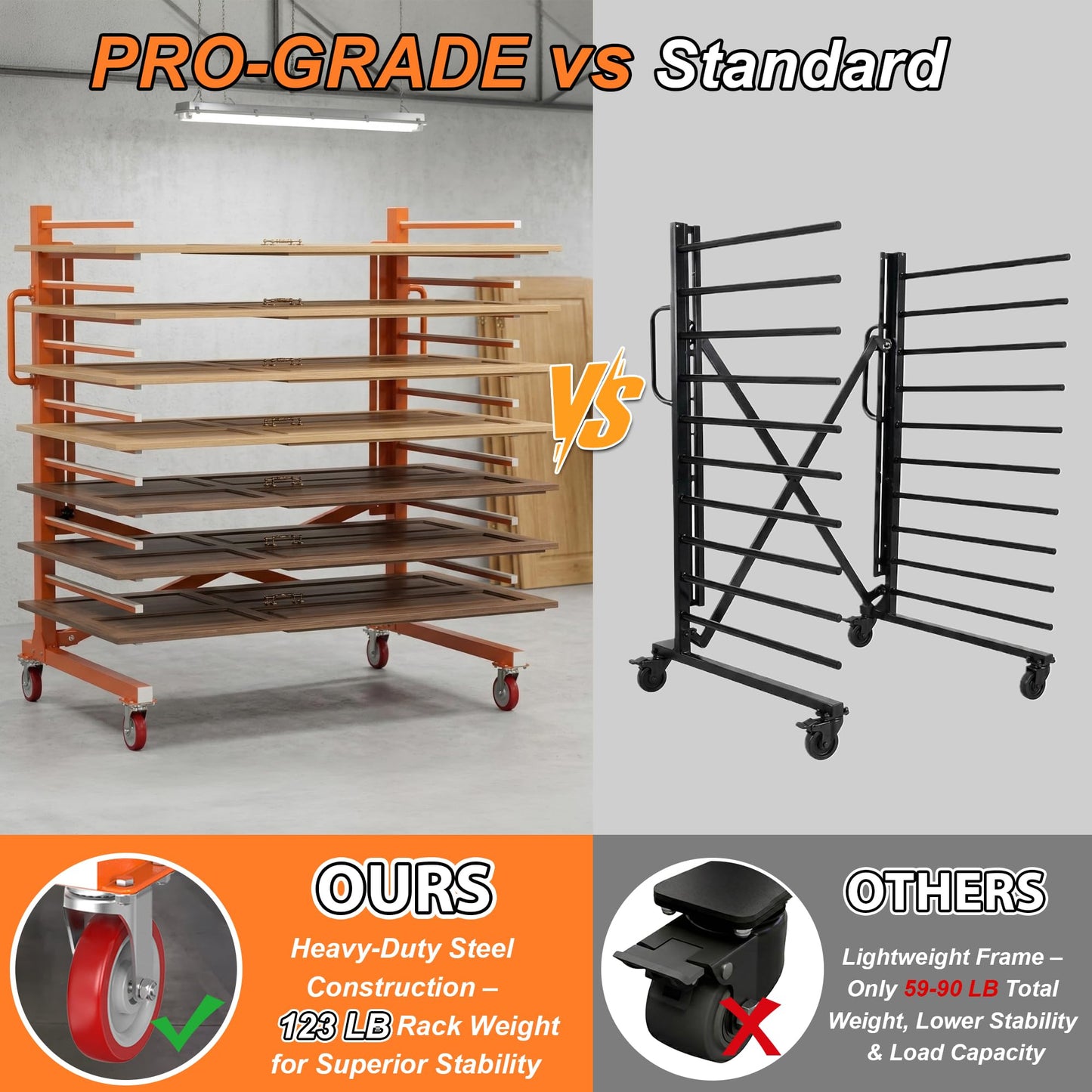 Tredre 15-Tier Paint Drying Rack with Nylon Wheels, Width Adjustable 12"-58", Heavy Duty Cabinet Door Drying Rack, 110 lbs Per Tier, Space-Saving Metal Paint Rack for Workshop, Spray Booth, Factory