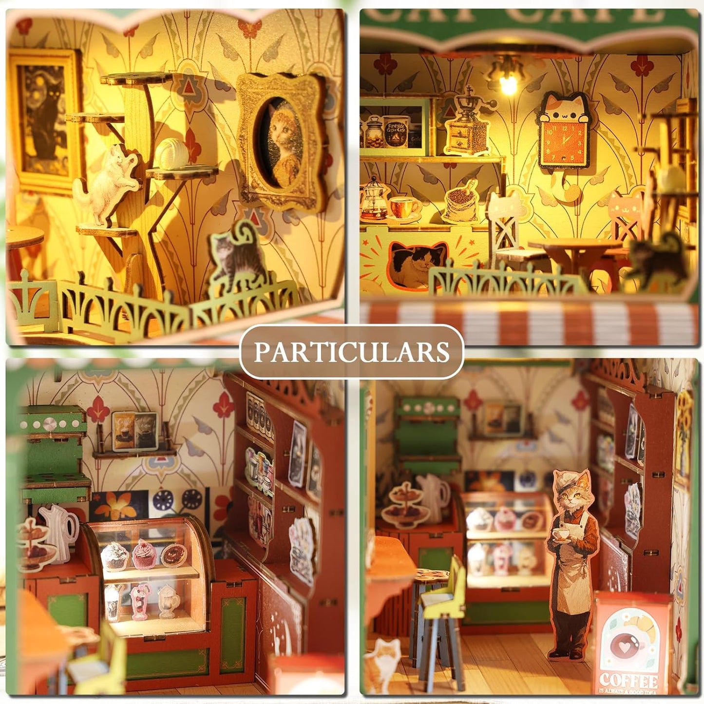 Skiennix Book Nook Kit - DIY Miniature Cat Cafe House for Adults & Teens | 3D Wooden Puzzle Decor