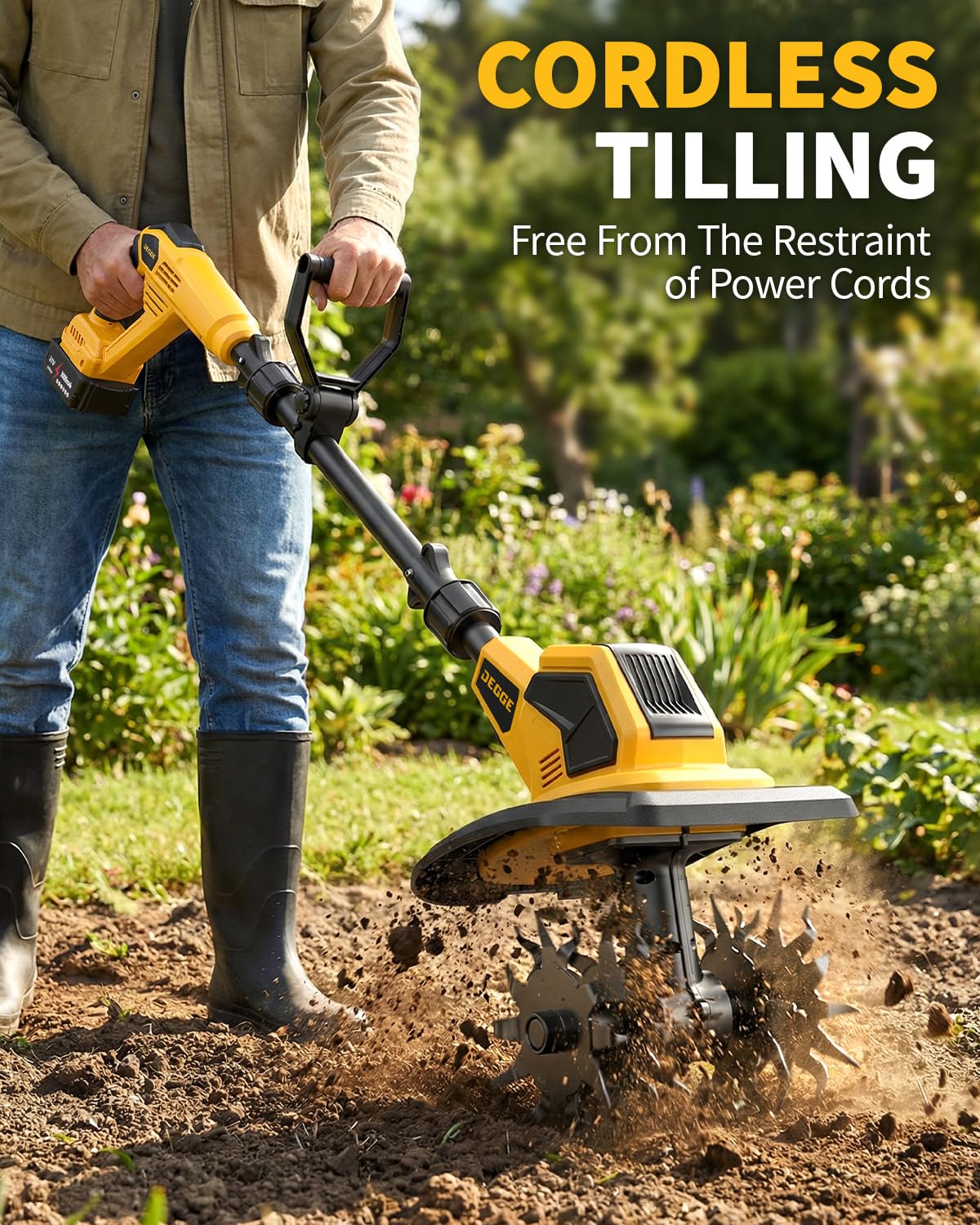 DEGGE Tiller, Cordless Tiller Cultivator with 48 Steel Tines, 9 inch Tilling Width and 6.7 inch Depth, 2 x 3.0Ah 21V Batteries & Charger, Gardening Tools for Lawn/Gardening/Soil Cultivation
