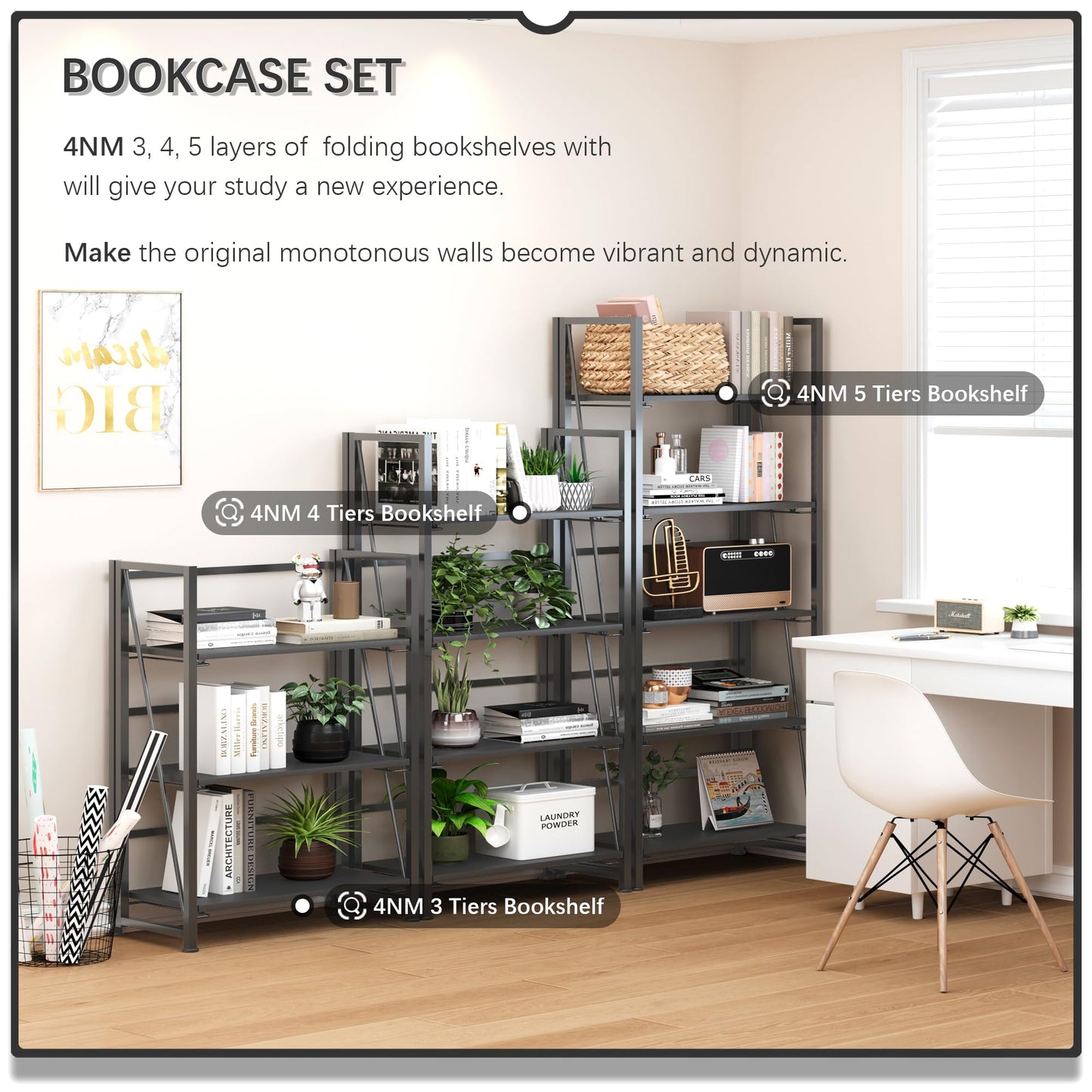 4NM No Assembly Folding Bookshelf, 5-Shelf 62.2" H Collapsible Foldable Bookcase Storage for Small Spaces, All Black