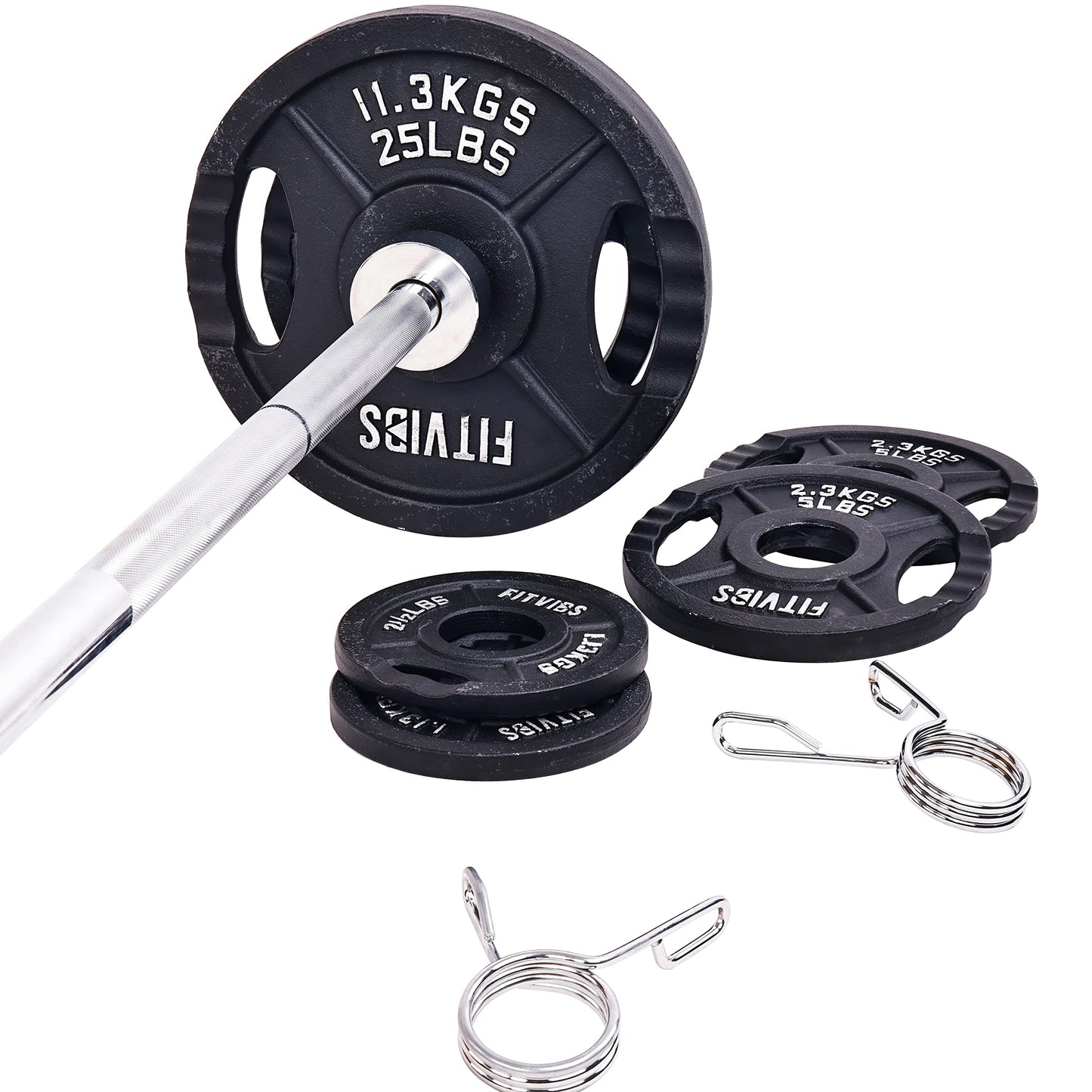Signature Fitness Cast Iron Olympic 2-Inch Weight Plates Including 7FT Olympic Barbell, 130-Pound Set (85 Pounds Plates + 45 Pounds Barbell), Multiple Packages, Style #2
