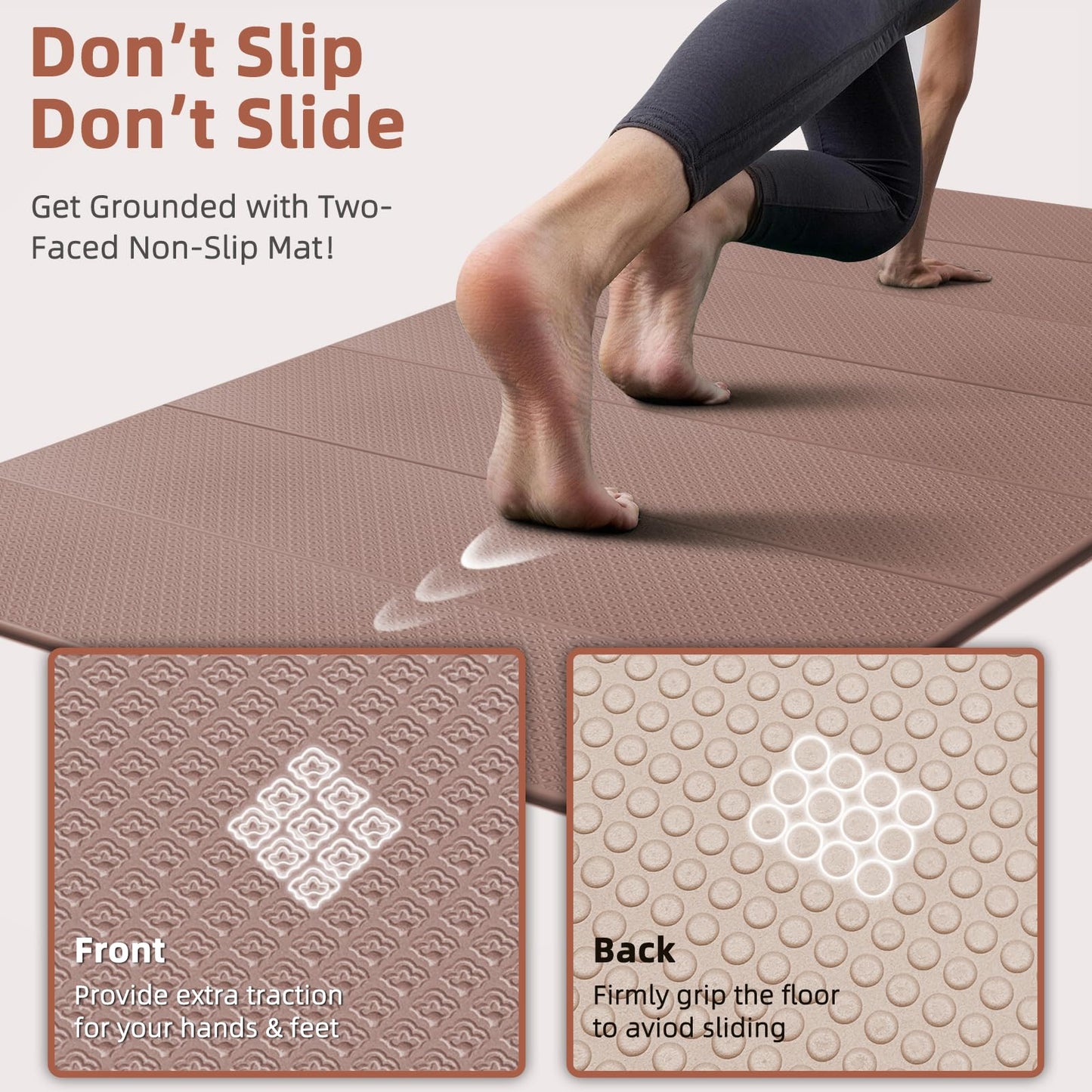 Large Yoga Mat, 75"x48" Extra Wide & Long Yoga Mat, 0.4" Thick Folding Exercise Mat, 2-Person Workout Mat for Home Gym, Extra Large Non-Slip Fitness Mat for HIIT, Yoga, Stretching, Portable Design for Easy Storage (Brown+Apricot)