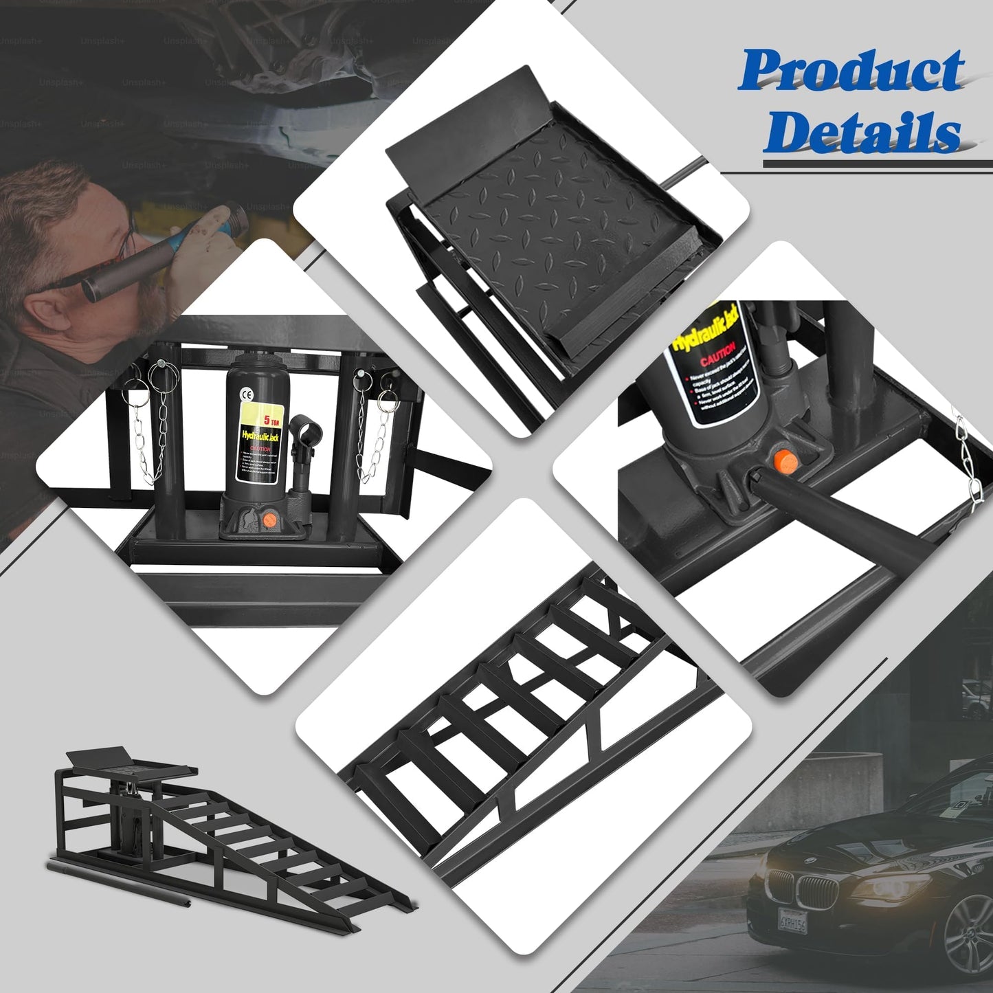 GarveeTech 2 Pack Hydraulic Car Ramps 5 T 10000 LBS Low Profile Car Lift Service Ramps Truck Trailer Garage,Height Hydraulic Vehicle