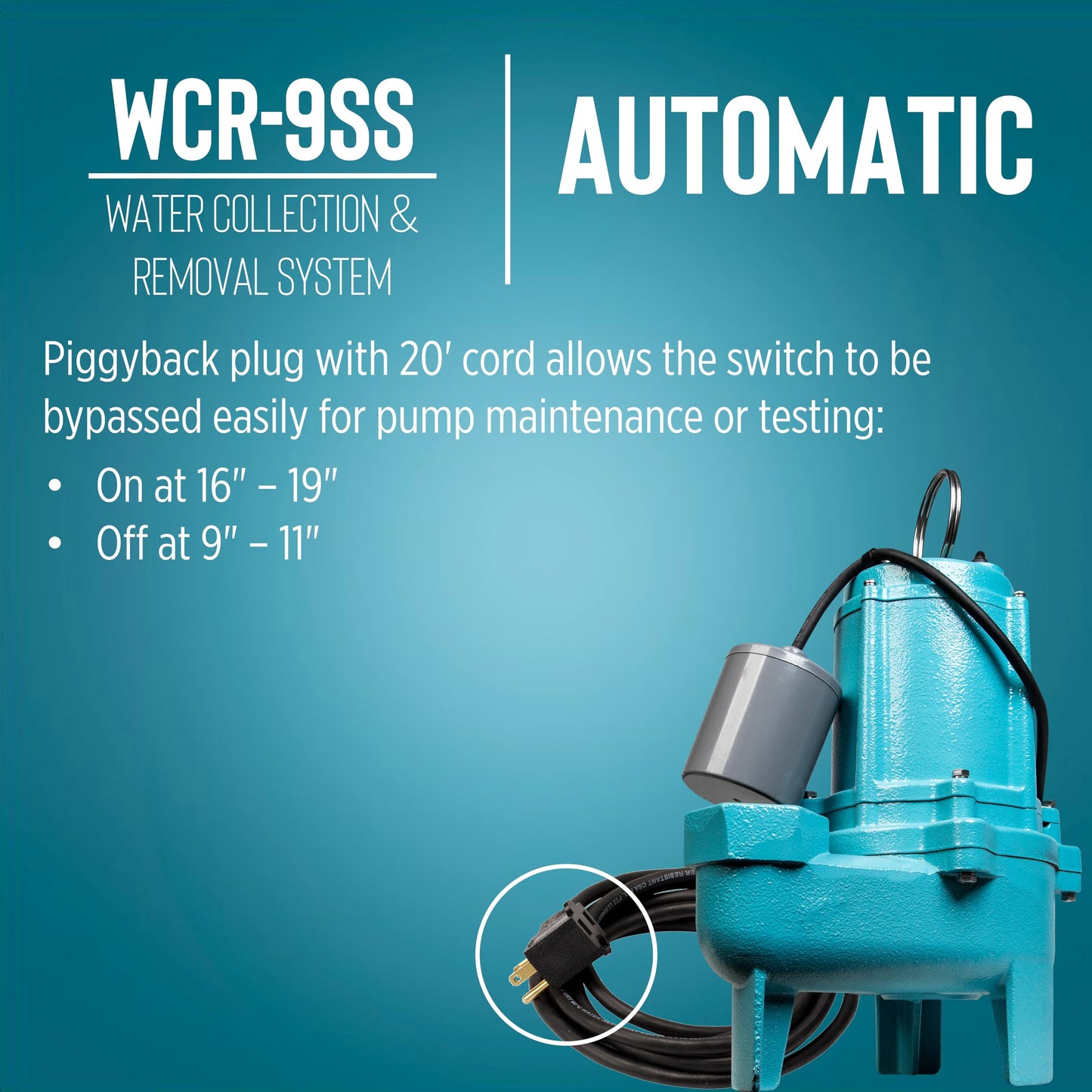Little Giant WCR-9SS 115 Volt, 4/10 HP, 4800 GPH Automatic Outdoor Water/Seepage Collection and Removal System with Sewage Pump, 20' Piggyback Float Switch, Steel Cover, Green/Blue, 509082