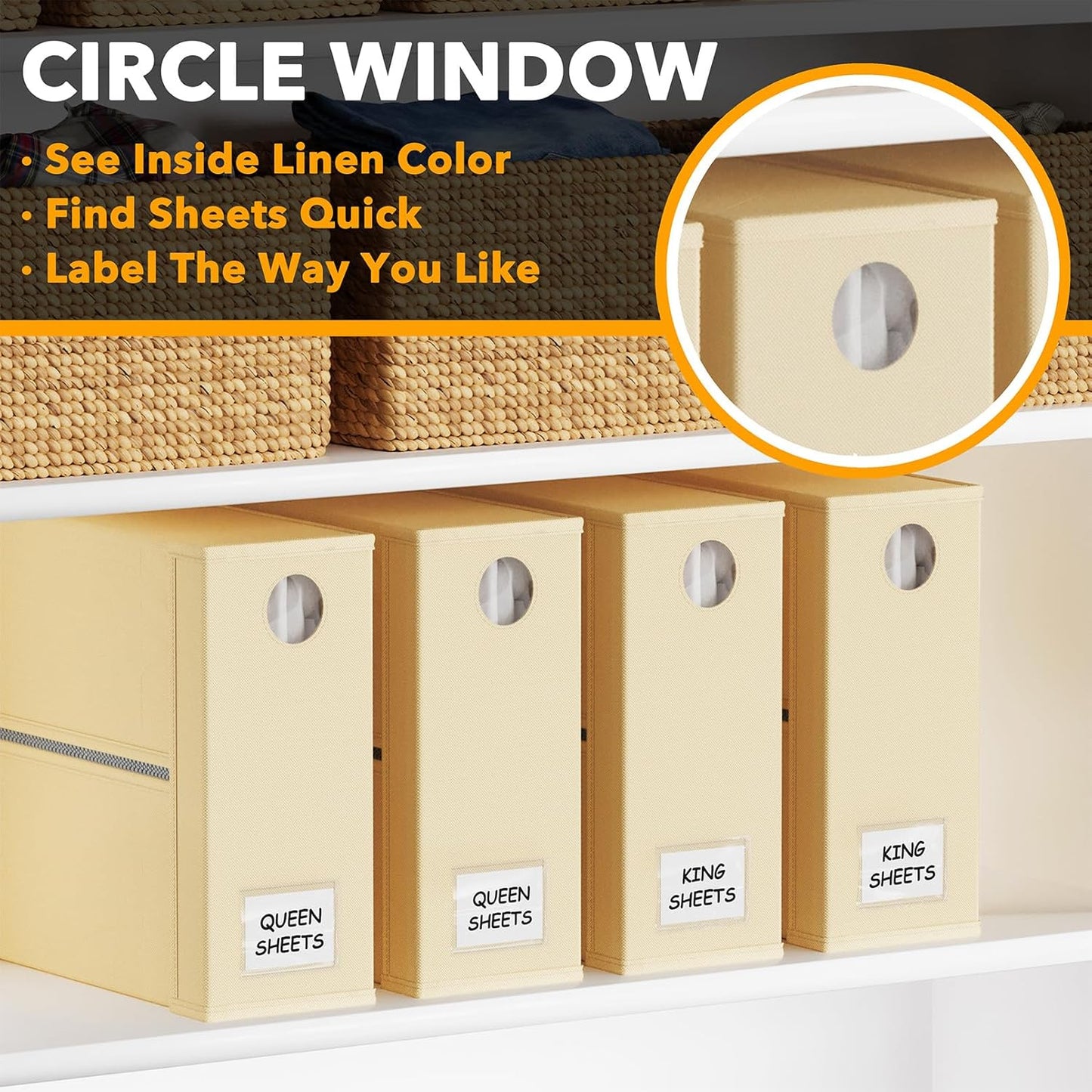 SpaceAid Bed Sheet Organizers - Foldable Linen Closet Storage with Window | XL for Queen & King Size, Beige