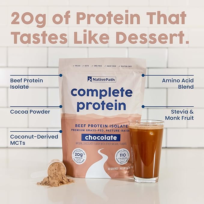 NativePath Complete Beef Protein Powder Isolate ??Grass-Fed, Pasture-Raised, Dairy & Lactose Free, Gluten Free, Zero Sugar, MCTs & Amino Acids ??20g Protein, Chocolate Flavor, 30 Servings