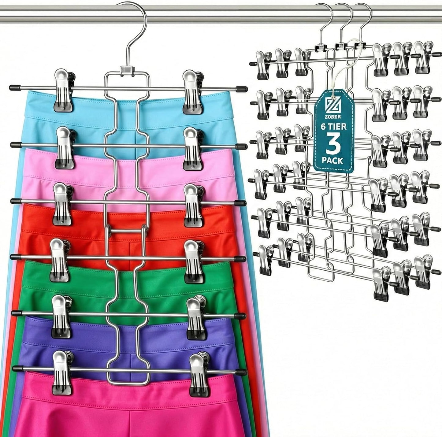 ZOBER 3-Pack Skirt Hangers with Clips - Space-Saving Closet Organizer with Swivel Hooks