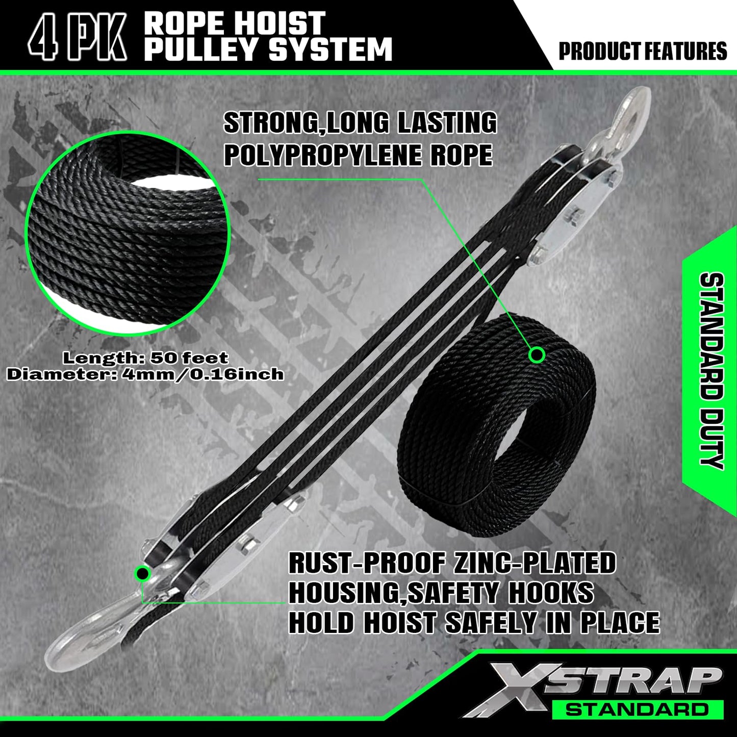 XSTRAP STANDARD Heavy-Duty 2,000 LB Breaking Strength 50 FT Rope Hoist, Metal Wheels Bearing Structure, 1000 LB Work Load Block and Tackle Pulley System for Lifting Heavy Objects, with 2pcs Soft Loops