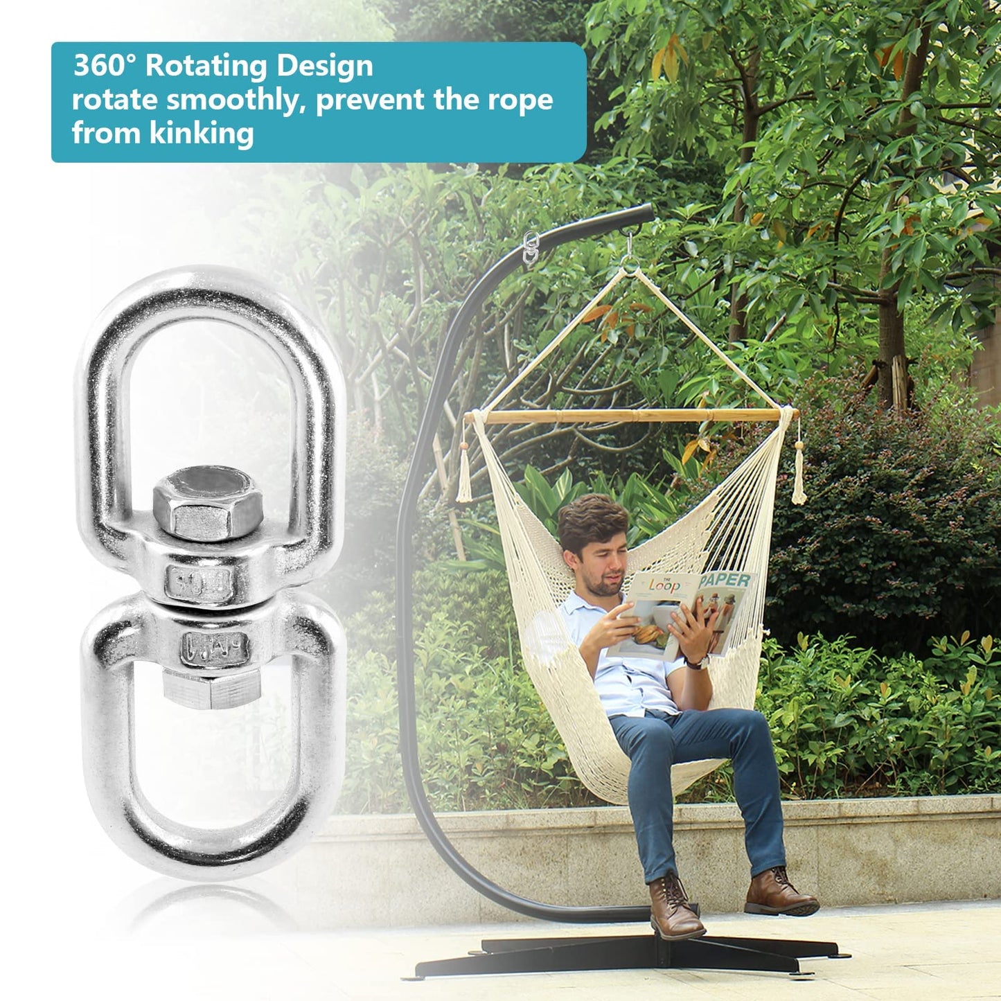 Bonsicoky Heavy Duty M8 304 Stainless Steel Swing Swivel, 360 Degree Rotational Device Hanging Accessory for Web Tree Swing, Hammock Chair, Aerial Yoga, Climbing Rope, Hold Up to 1200LB