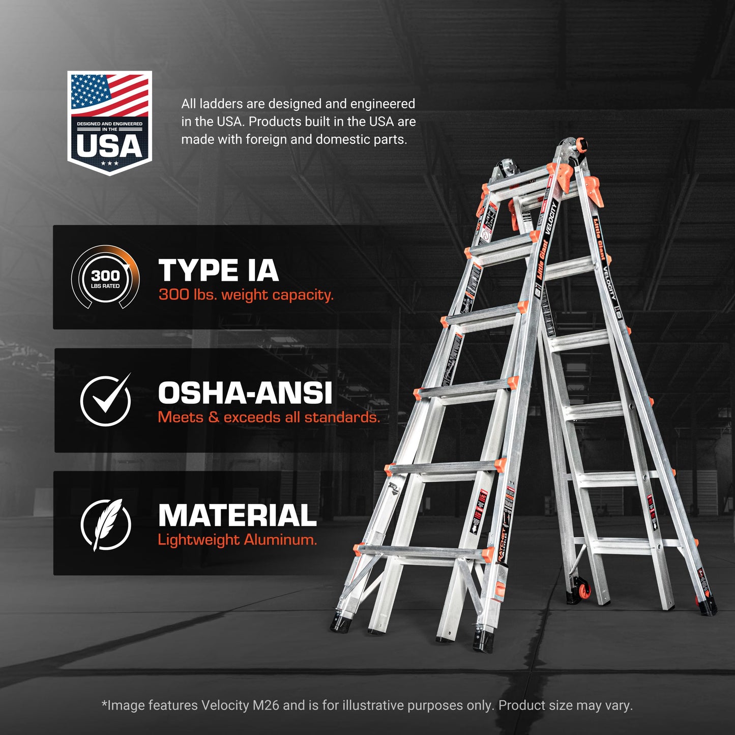 Little Giant Ladder Systems Velocity with Wheels, M17, 17 Ft, Multi-Position Ladder, Aluminum, Type 1A, 300 lbs Weight Rating, (15417-001)