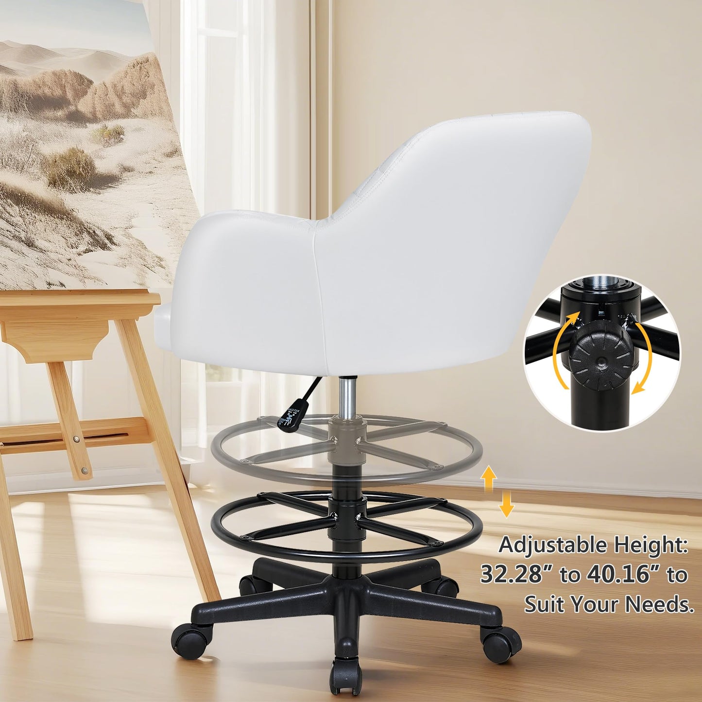 VECELO PU Leather Drafting Chair with Low Back and Footrest Ring, Height Adjustable, Swivel Rolling Wheels, for Drawing/Standing Desk/Office, White