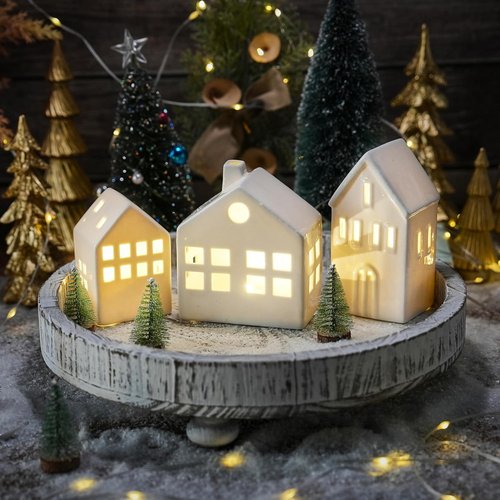 Ceramic Christmas Village Houses - 3-Piece Light-Up Set with Trees | Winter Holiday Home Decor