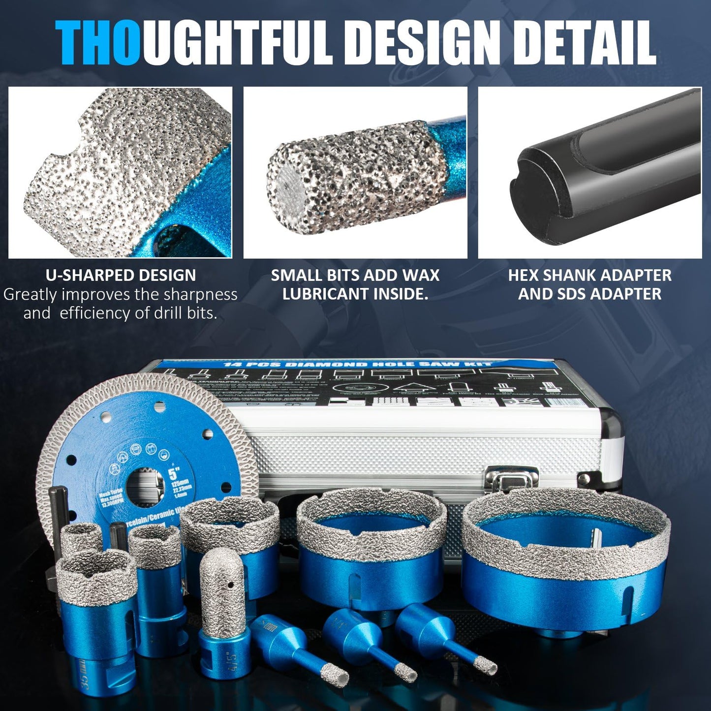 Diamond Tile Hole Saw Kit - 14 PCS Set Including 6/6/8/20/25/35/50/75/100mm Drill Bits, 20mm Finger Bit, 50mm Beveling Chamfer Bit, and 5" Diamond Blades for Tile, Ceramic, Porcelain, and Marble