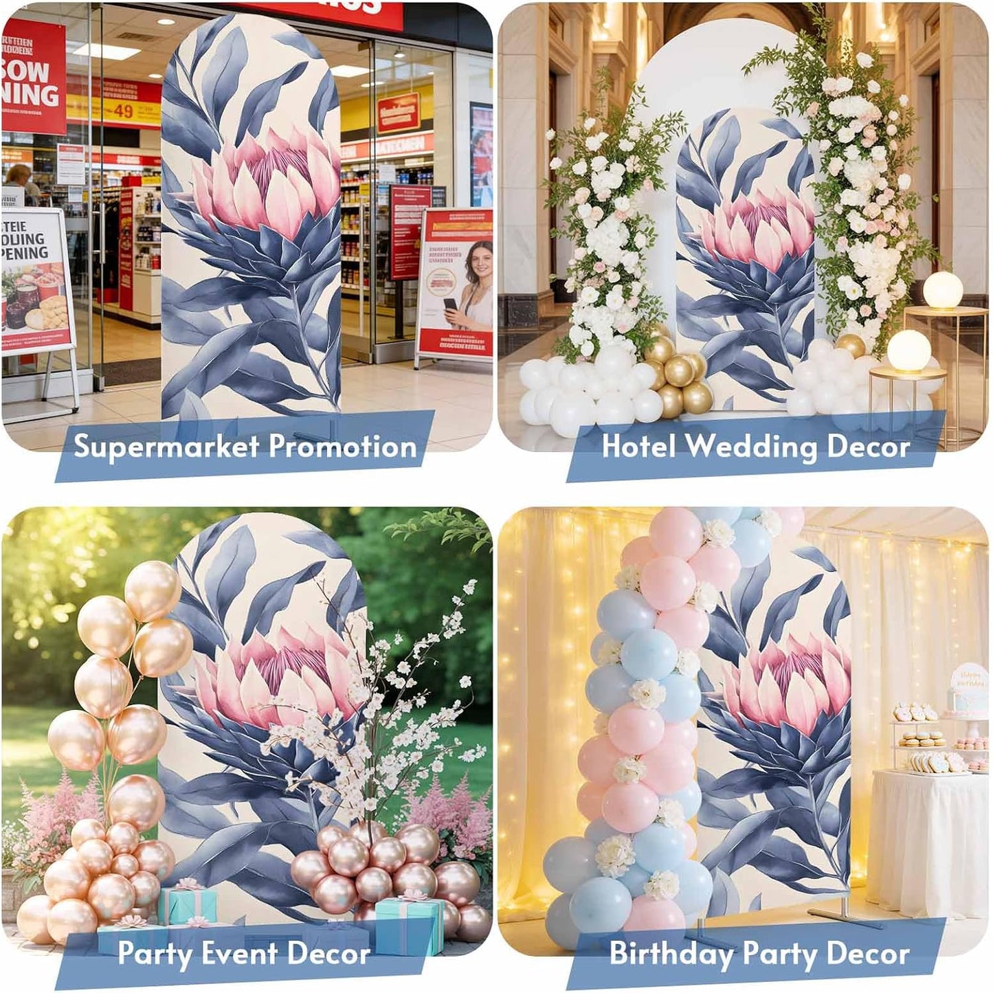 Jnbasdffb 7.2 Blue Pink Botanical Wedding Arch Cover,Stretchy Spandex Arch Backdrop Stand Covers FT,Oil Painting Spring
