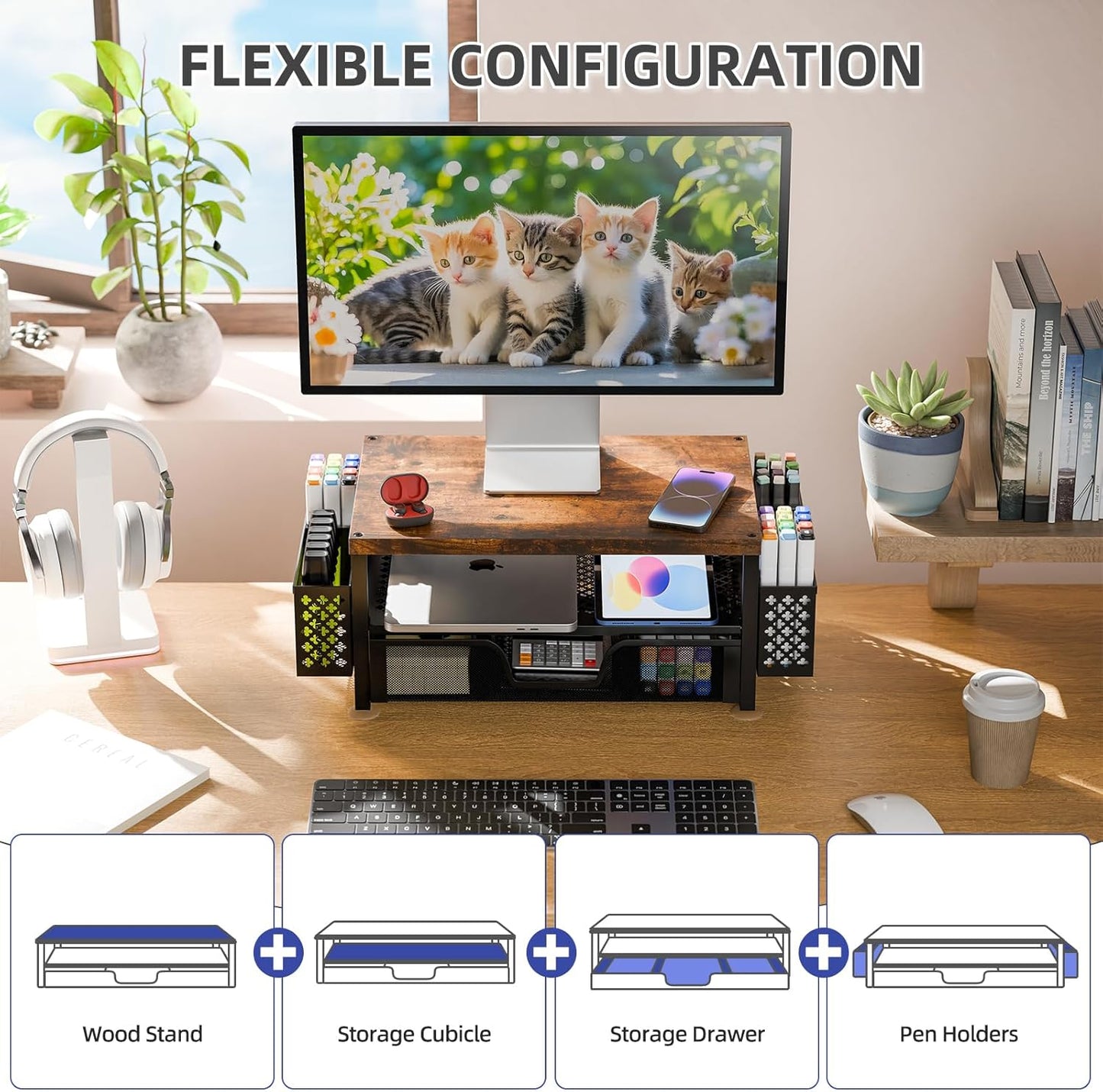 2 2-Tier Simple Trending Desk Organizers and Accessories, Computer Monitor Stand Riser with Drawer and Pen Holders