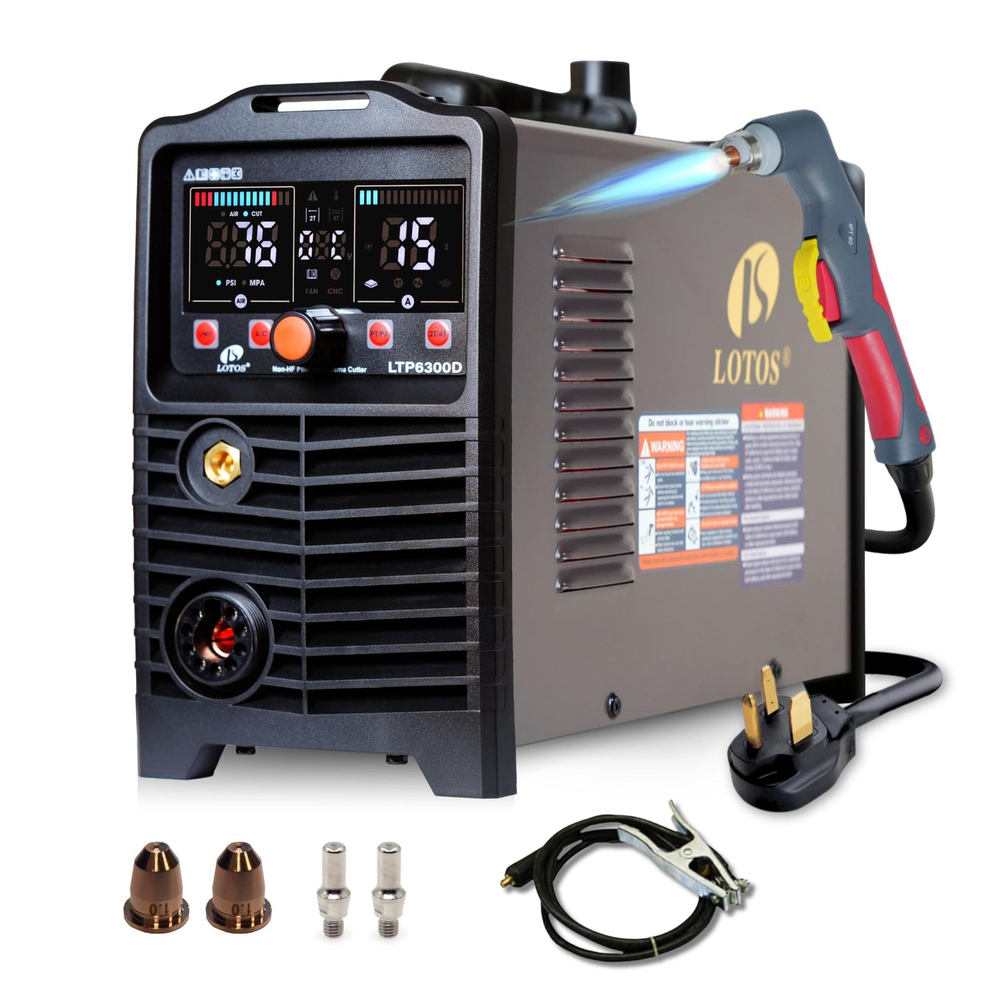 LOTOS Apex LTP6300D | 63A Non-Touch Pilot Arc Plasma Cutter, Drag-Cut Enabled, Non-HF Blowback Start, 3/4" Clean (1" Sever), Dual-Voltage 110/220V, LED Controls, Portable Air Plasma Cutter