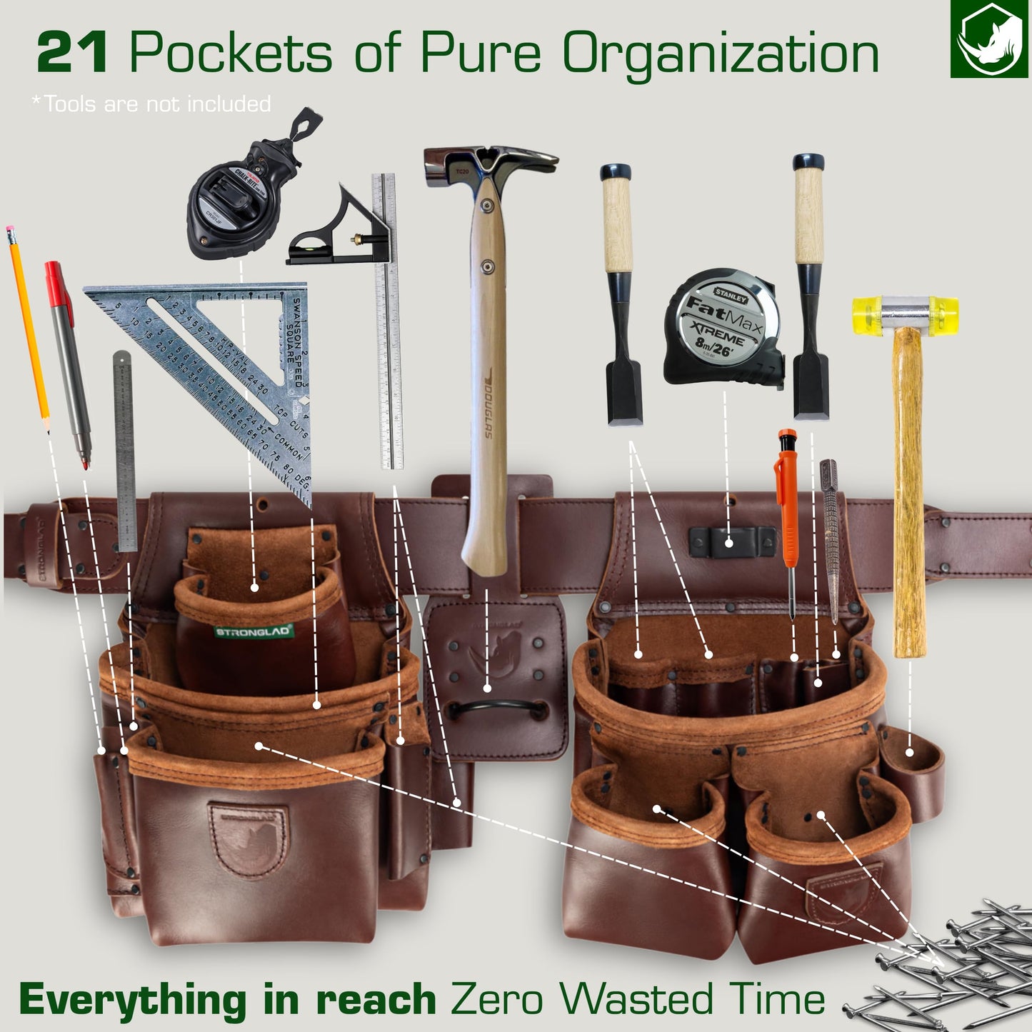 STRONGLAD Framing Tool Belt – 21-Pocket Full-Grain Leather, Carpenter Oil-Tanned Construction Tool Belt | Carpenter Tool Bags | Pro-Grade Gear