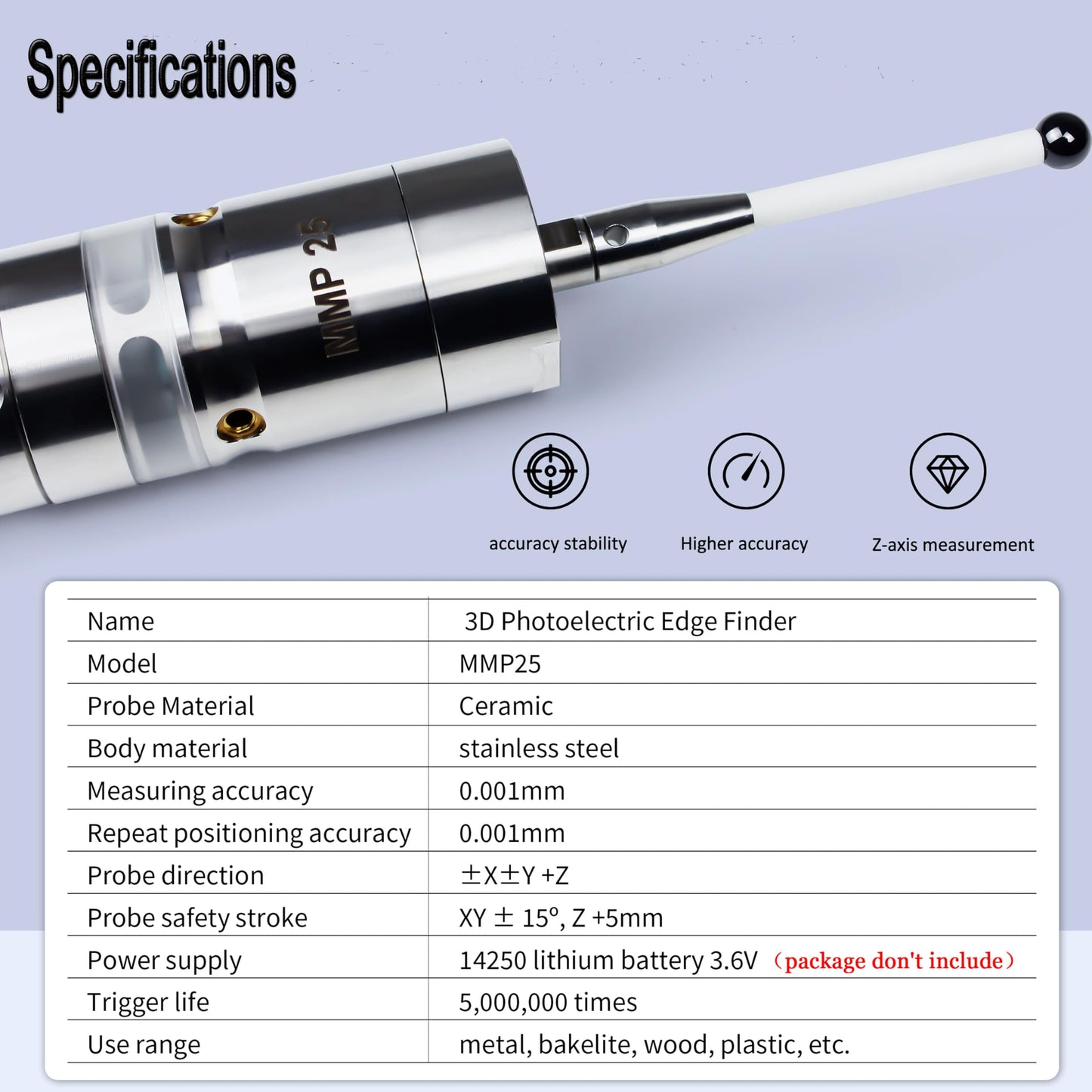 XUNKUNER MMP25 3D Photoelectric Touch Probe Edge Finder, 0.001mm High Accuracy, Ceramic Probe, XYZ Axis Centering Rod Trigger Sensor for CNC Lathe Milling Machine
