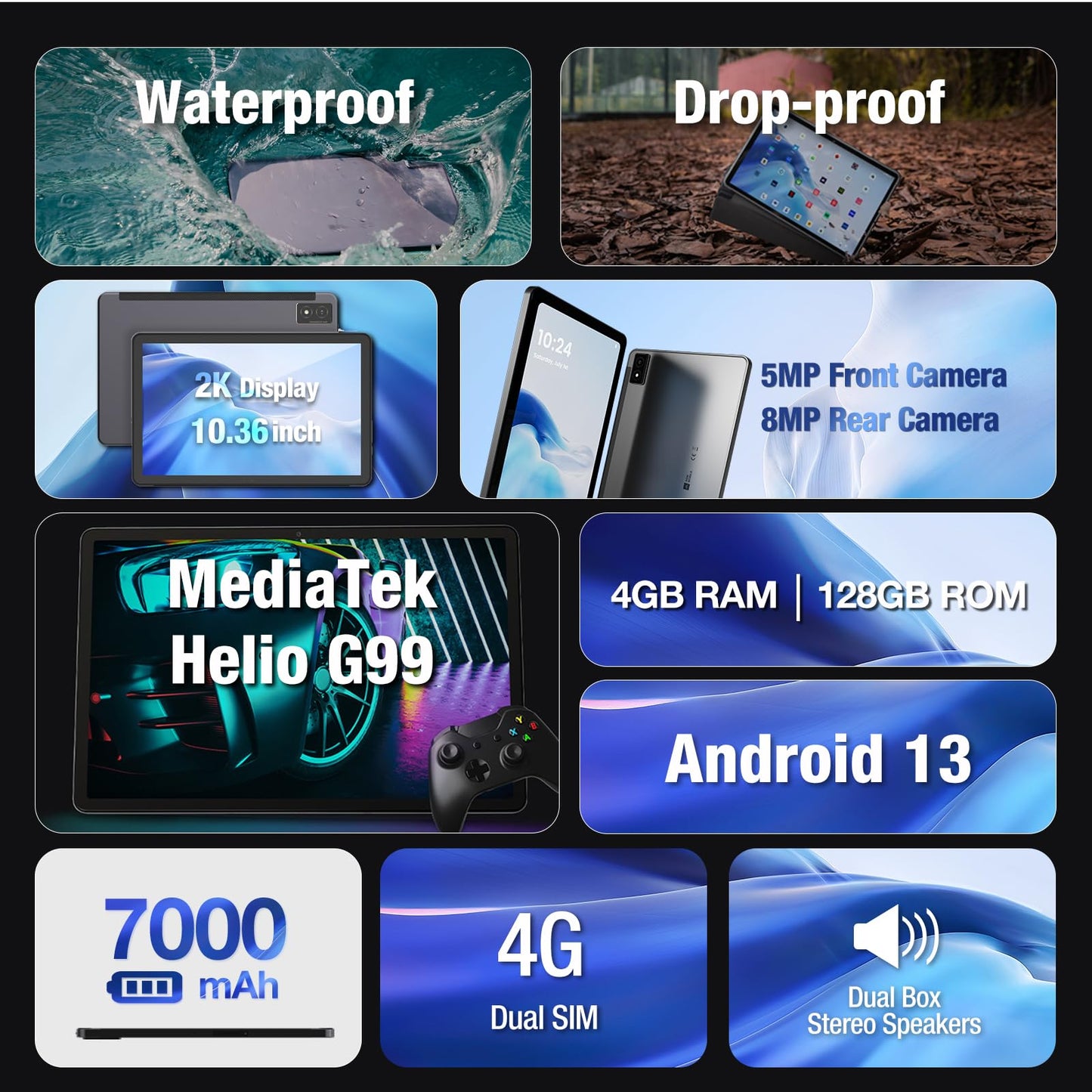 AGM PAD P1 Rugged Android Tablet with Case, 10.36-inch 120Hz FHD 2K Display, Waterproof & Drop-Proof & Dustproof, MTK G99, Android 13.0, Dual Box Stereo Speakers, 7000mAh, 4GB+128GB[TF 2TB], GPS, WiFi