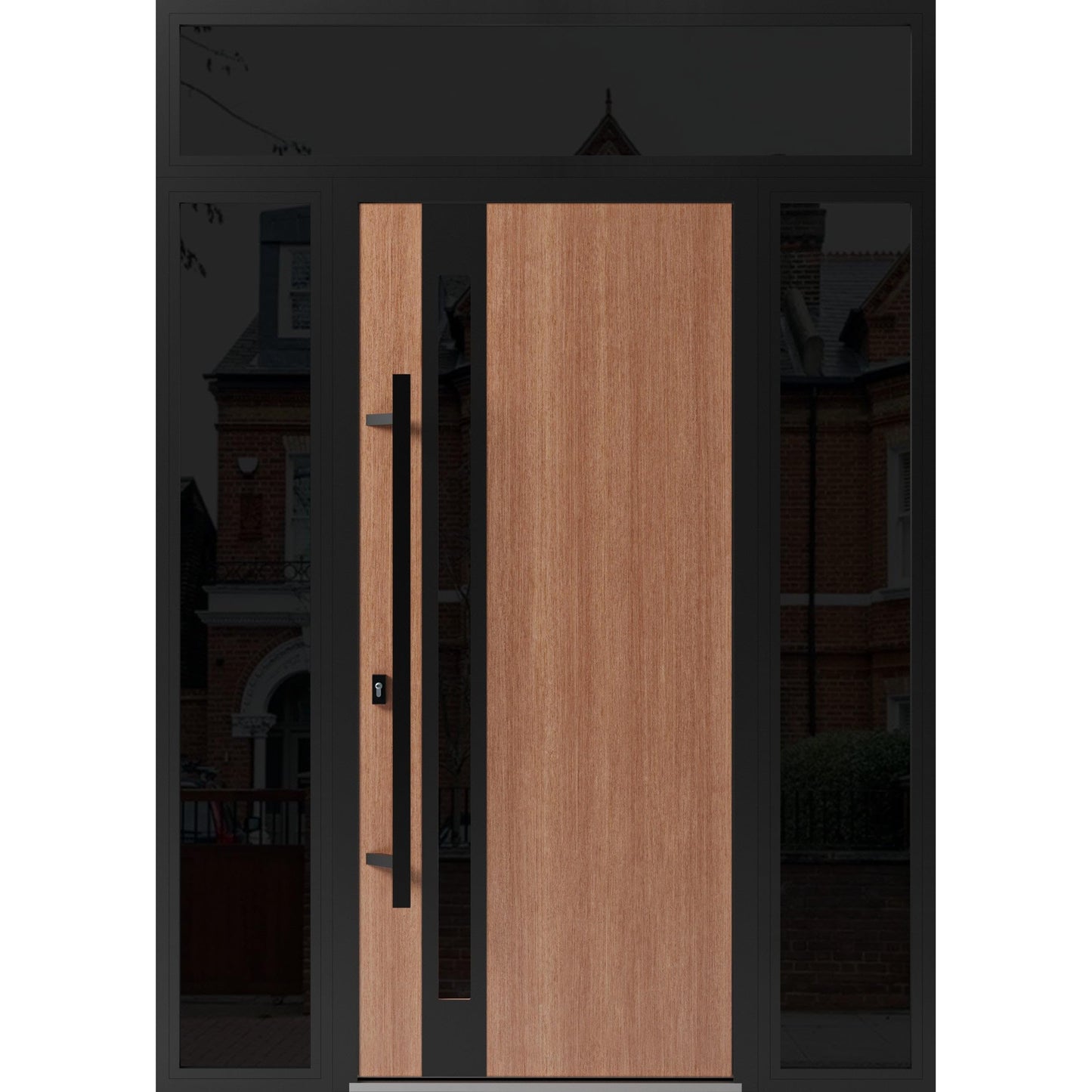 VDOMDOORS Front Exterior Prehung Steel Door/Ronex 1033 Teak / 2 Side and Top Exterior Window Sidelite/Entry Metal Modern Painted W16+36+16" x H80+16" Right Hand Inswing