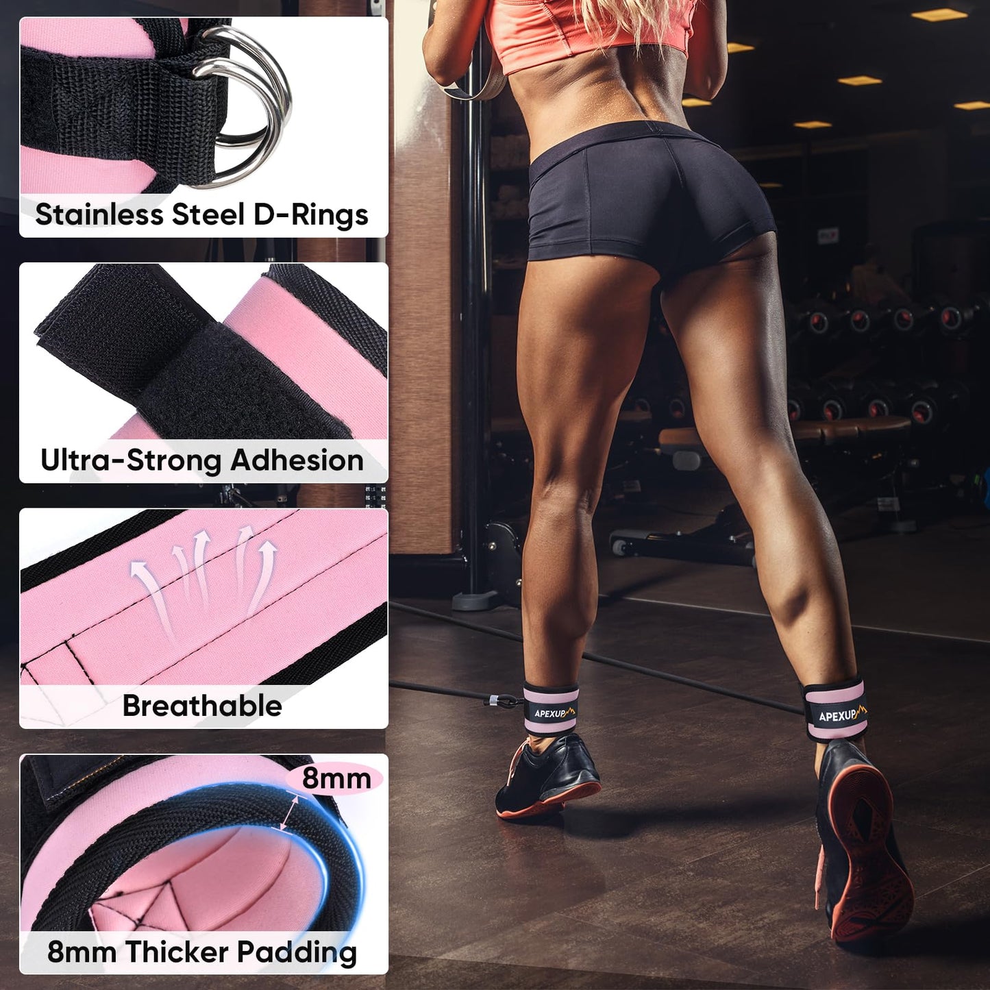 APEXUP Ankle Strap for Cable Machine, Ankle Resistance Bands, Cable Kick Back Ankle Straps for Gym, Glute Workouts, Leg Extensions, Adjustable Straps with Neoprene Padding (Single, Pastel Pink)