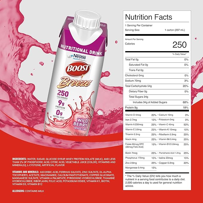 BOOST Breeze Clear Nutritional Drink - 250 Calories - 19 Vitamins & Minerals - 9 g Protein ??Fortified Clear Nutritional Drink with Vitamin A & Zinc - Wild Berry Flavor - 8 fl oz (Pack of 24)