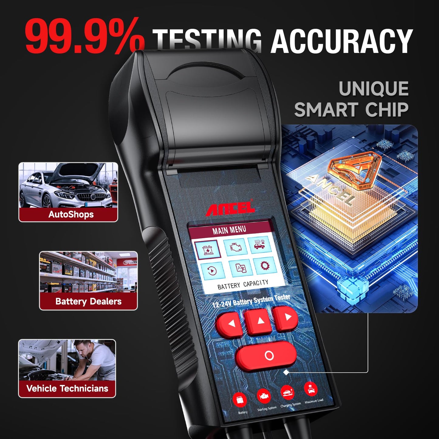 ANCEL BST600 12V 24V Battery Tester with Printer, 100-2000 CCA Lead-Acid Battery Alternator Tester, Cranking Charging System Analyzer for Cars Trucks RV Marine Motorcycles