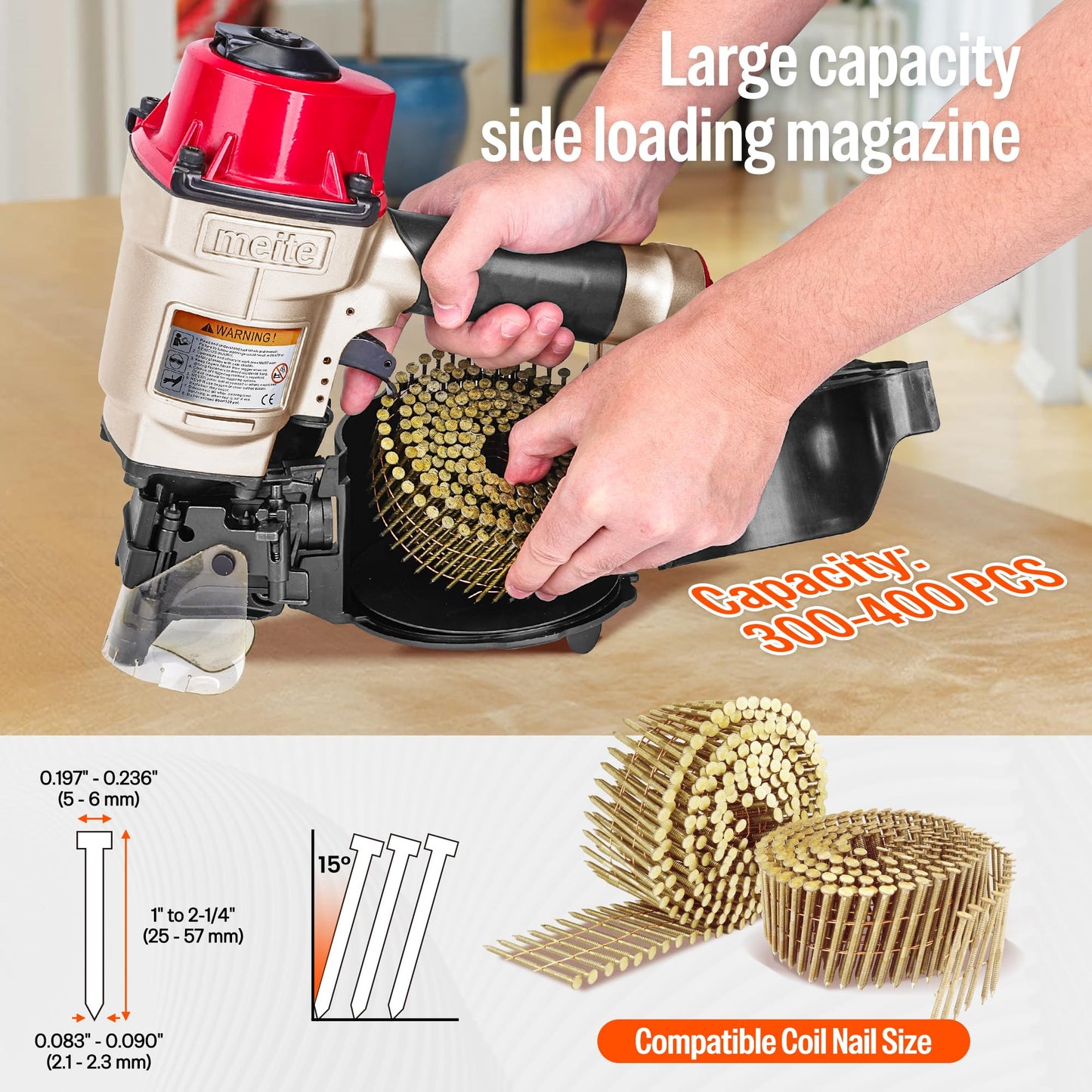 meite CN55 Siding Nailer Pneumatic Nail Gun Accepts 15 Degree 1" to 2-1/4" Coil Nails, Air Siding Nail Gun with Adjustable Exhaust for Hardwood Pallets Fencing Decking Sheathing