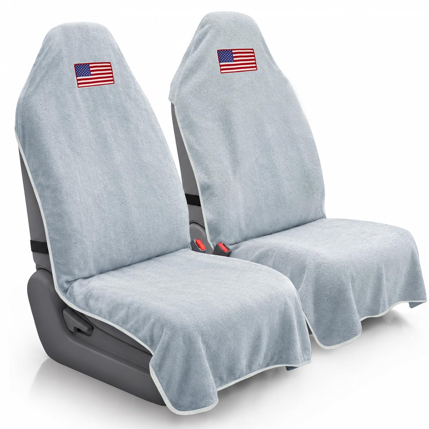 CORTHENA Car Seat Towel Cover (2-Pack), Sweat-Proof & Absorbent Microfiber Seat Protector for Gym, Workout & Beach, Universal Fit for Most Cars, SUVs & Trucks, 59"x29", Silver Gray Flag