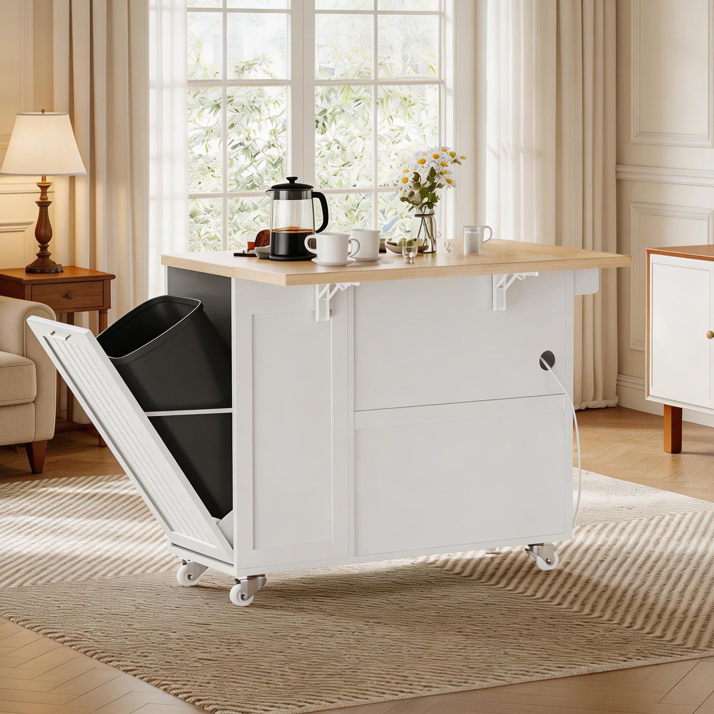 TEROL Kitchen Island with Outlet, Rolling Kitchen Cart Storage on Wheels with Drop Leaf, Trash Can Area, Spice Rack, Towel Bar, Adjustable Shelf, Drawer, Mobile Island Table for Kitchen