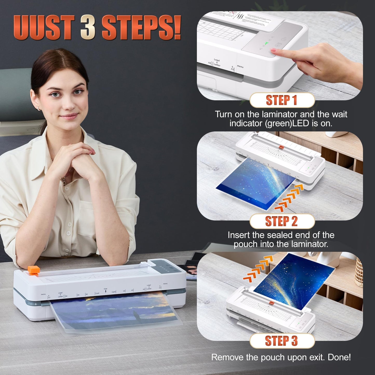 13" 4-Roller Commercial Laminator Machine,3-10 Mil Thickness Laminating Machine,Fast 55s Warm-Up&1000mm/min Laminating Speed for Laminating 11x17&A3 Size,Includes 30 Sheets for Office,School(White)