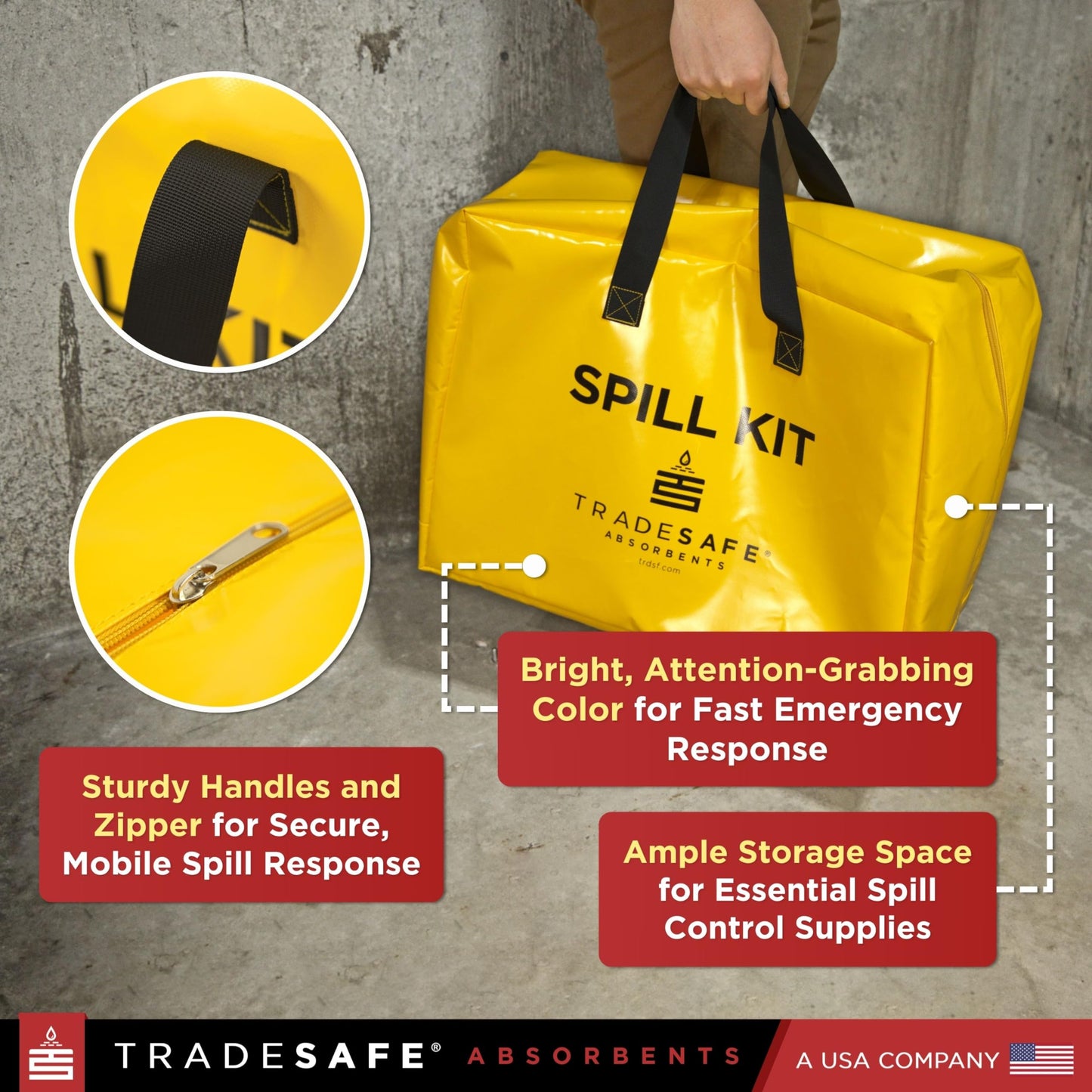 TRADESAFE Universal Spill Kit OSHA Approved - Portable Spill Kit Bag for Emergency Response, 7-Gallon Capacity, Spill Absorbent Pads, Spill Socks, Pillow, Gloves, Goggles, Hazmat Bags, 19 Pieces