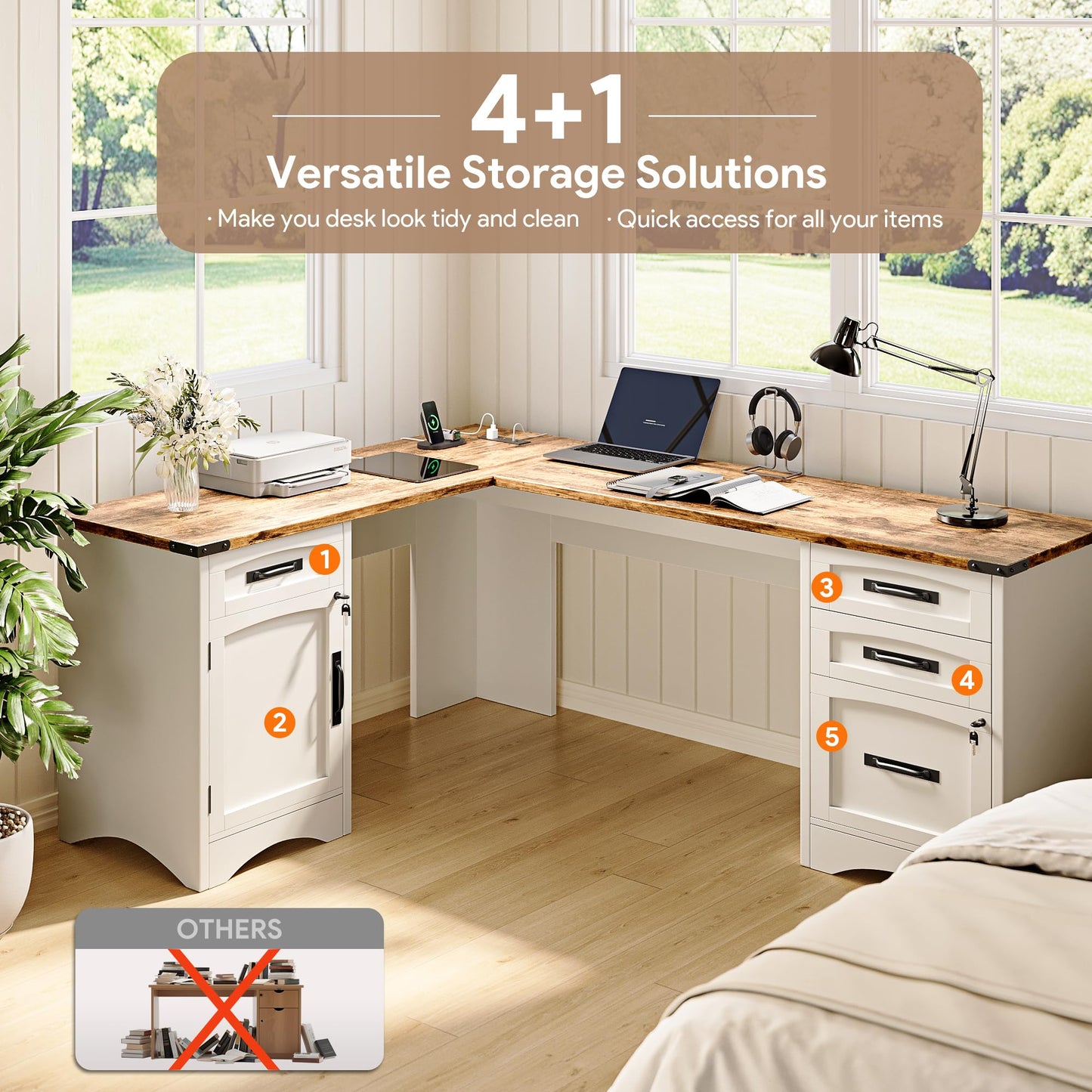 Decofy L Shaped Farmhouse Executive Desk with Drawers, 67" Home Office Desks with Fast Charging Station, Lockable File Cabinet, Wood Writing Computer Desk for Work, Study, White