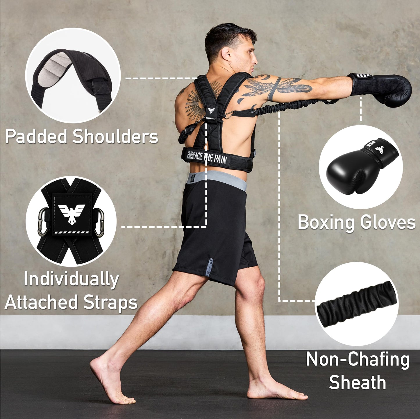 Elite Sports Adult Boxing Harness with 12oz Gloves – Adjustable Resistance Bands (3 Levels), Stability Strap, Padded Back & Shoulder, Ballistic Nylon, Quick-Release Buckle – Training & Workout Gear