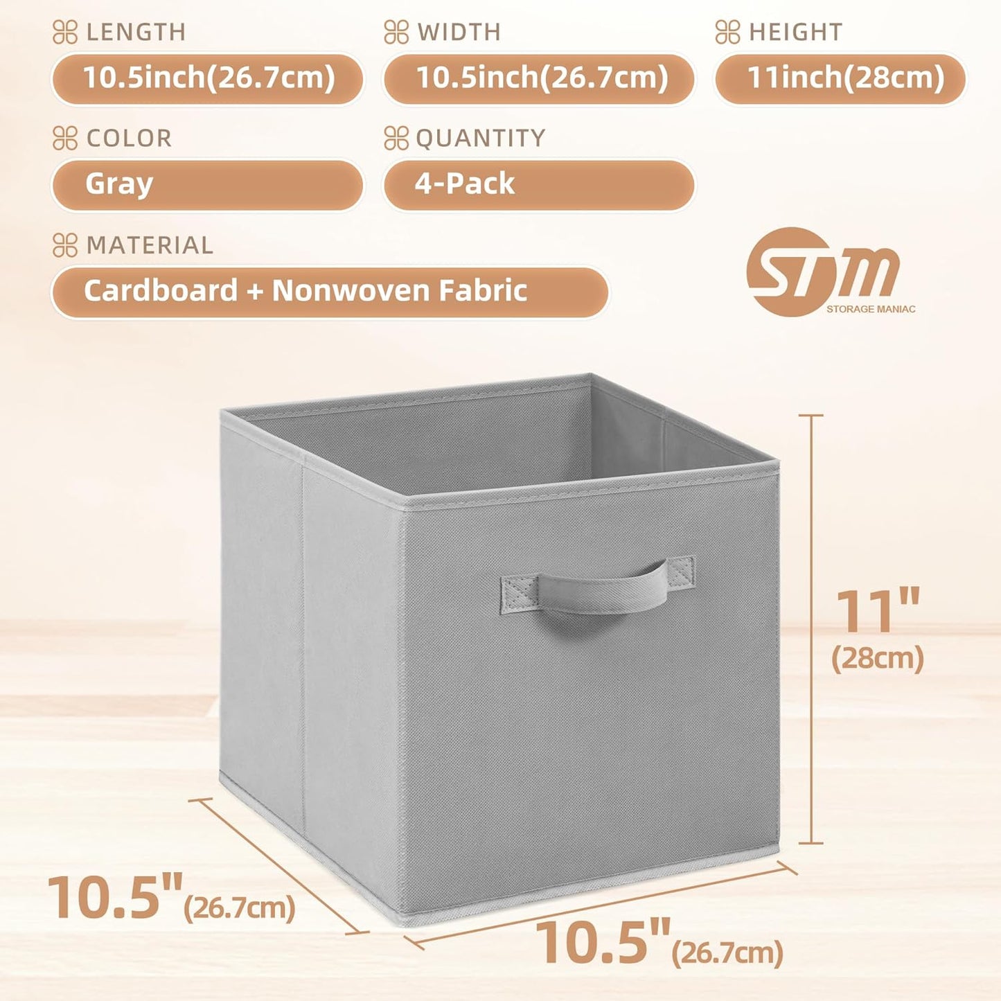 Storage Maniac Storage Cubes - 11-Inch Collapsible Bins with Handles | Durable 4-Pack Grey Fabric Organizers