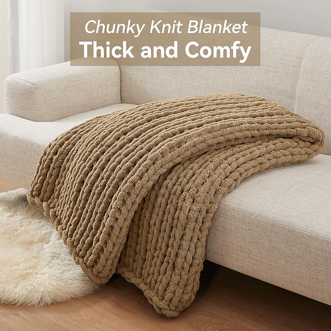Negwoo Chunky Knit Throw Blanket, 60''*80'' Knitted Throw Chenille Yarn for Bed Couch, Handmade Light Brown Crochet Big Thick Blanket, Machine Washable Cute Comfy Blanket for Home Decor