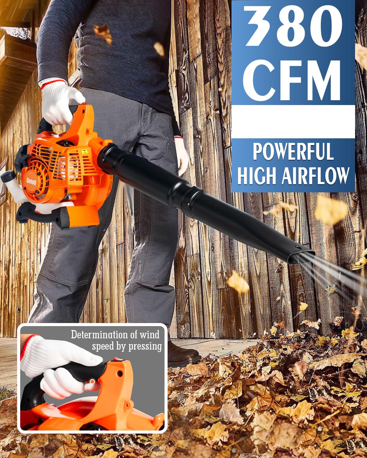 Getell Handheld Gas Leaf Blower – 26cc Two-Cycle Engine, 180 mph, 380 cfm – High-Velocity Yard Clearing Tool for Lawn Care, Driveways, and Light Snow Removal (Black Orange)